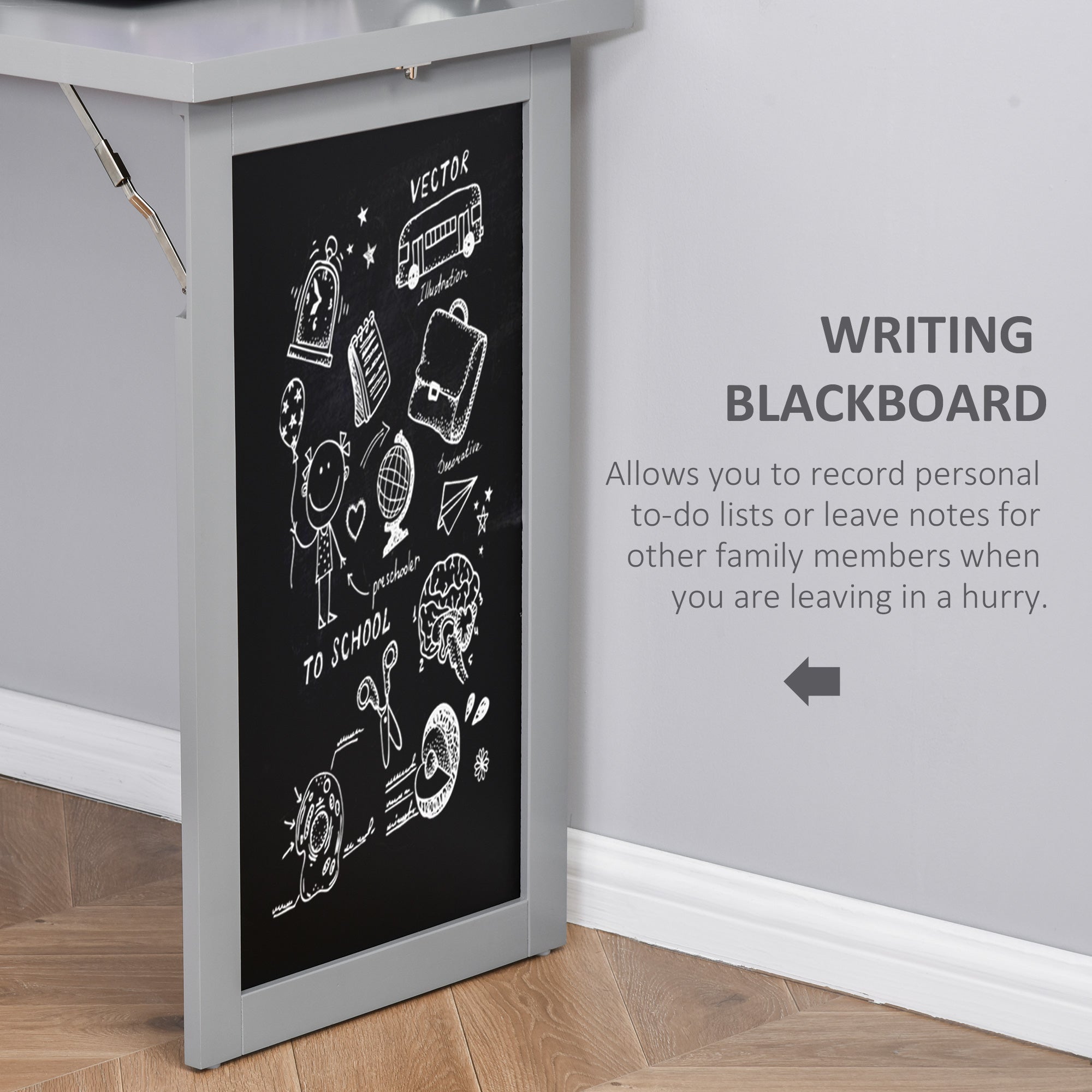 HOMCOM Wall Mounted Computer Desk, Folding Study Table with Black Board and Bookshelf, Multifunctional Floating Writing Desk for Home Office, Grey