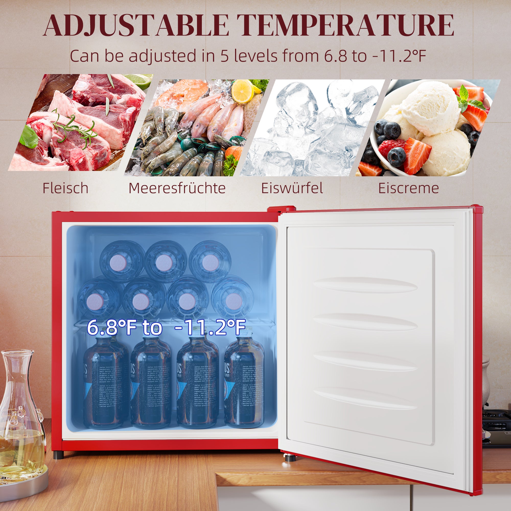 HOMCOM Mini Freezer Countertop, 1.1 Cu.Ft Compact Upright Freezer with Removable Shelves, Reversible Door for Home, Dorm, Apartment and Office, Red