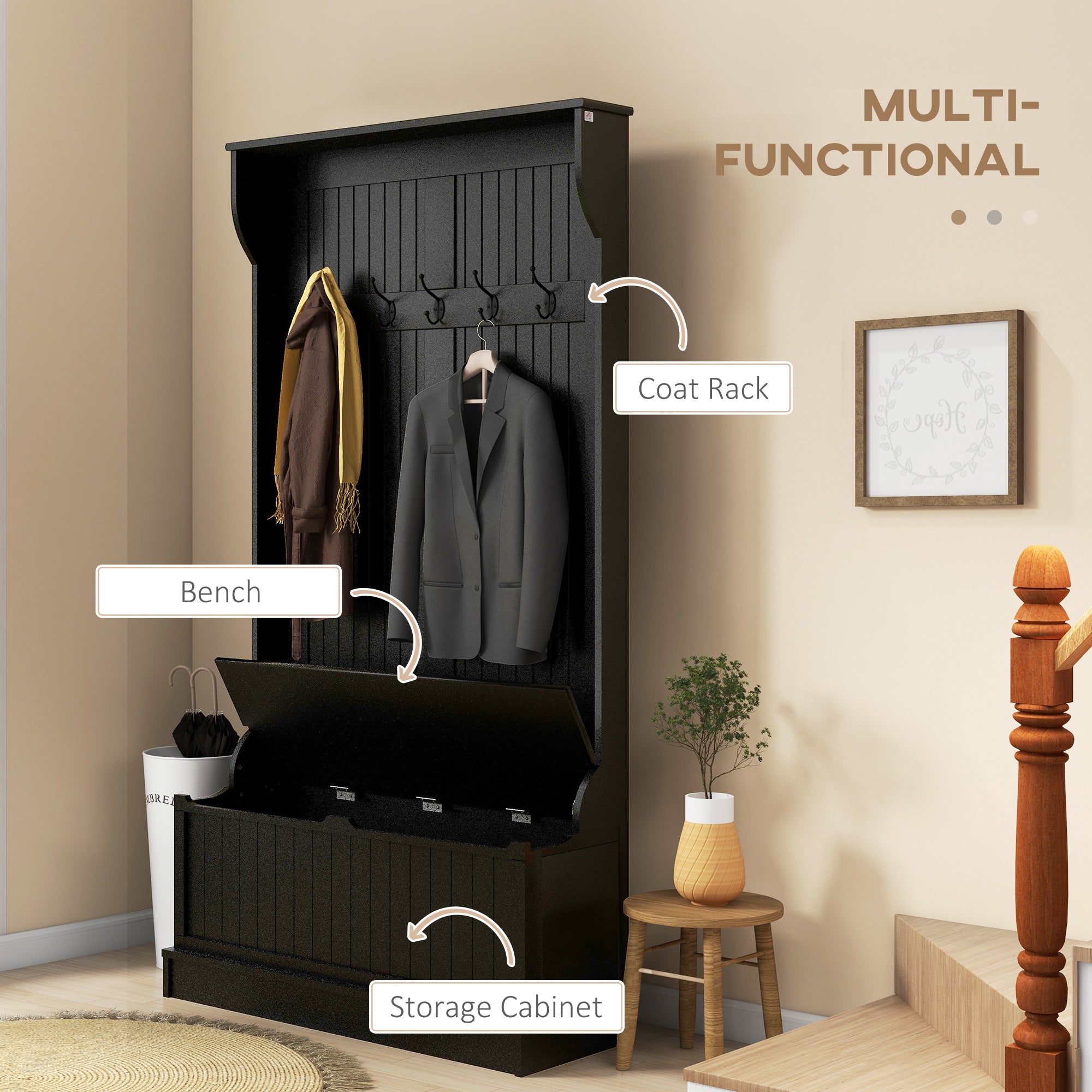 HOMCOM 38" Coat Rack, 3-In-1 Entryway Hall Tree with Shoe Storage Bench, Modern Coat Hanger Stand with 5 Double Hooks, for Hallway, Living Room, Black