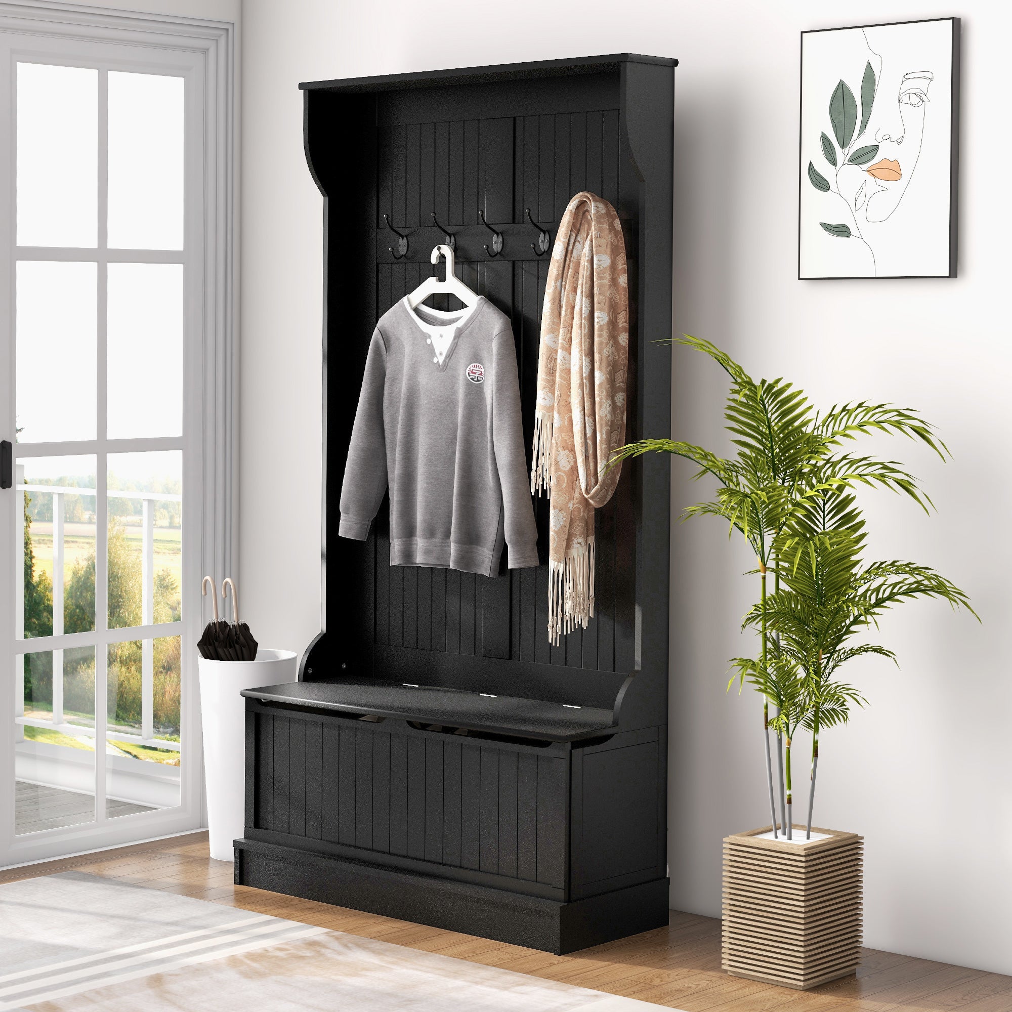 HOMCOM 38" Coat Rack, 3-In-1 Entryway Hall Tree with Shoe Storage Bench, Modern Coat Hanger Stand with 5 Double Hooks, for Hallway, Living Room, Black
