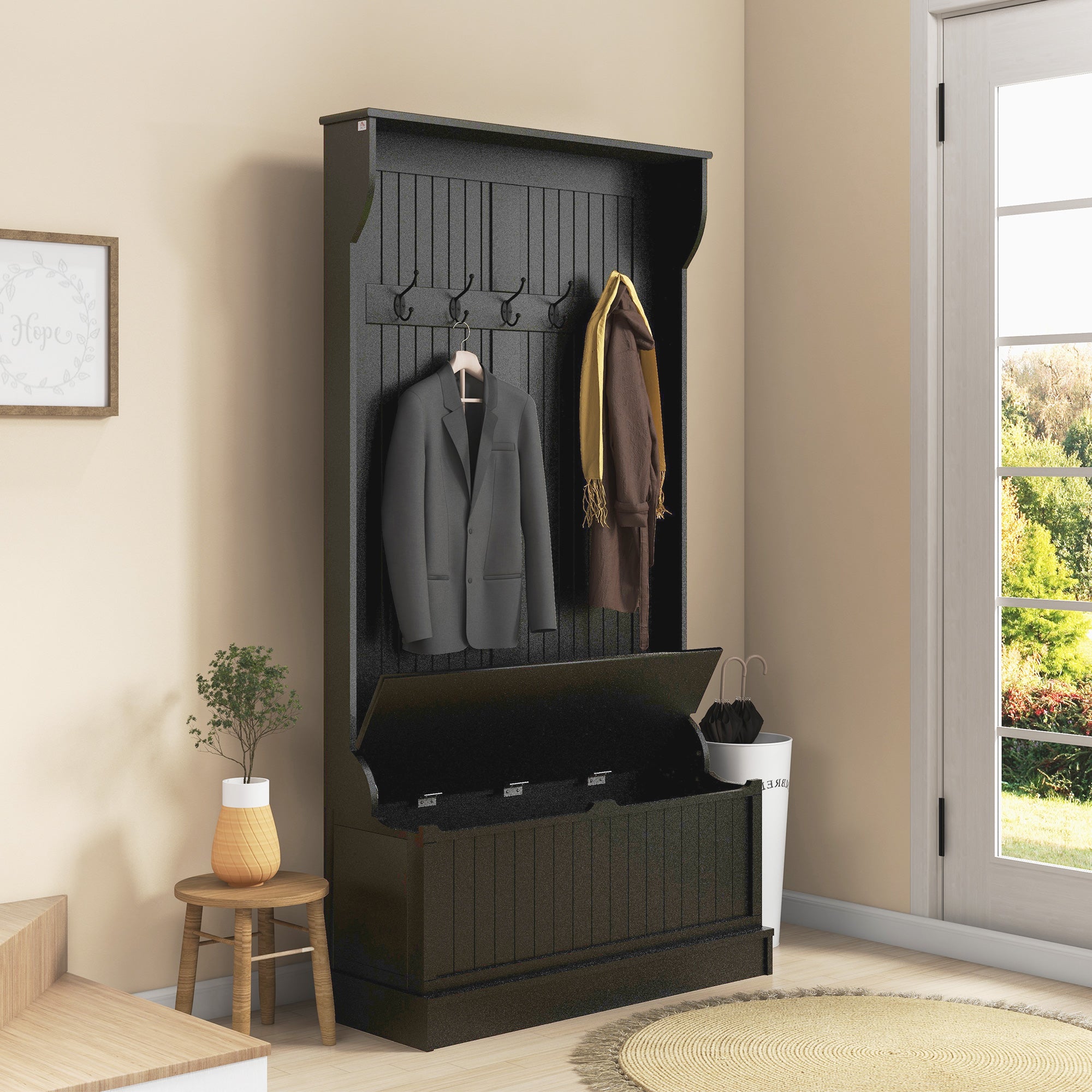HOMCOM 38" Coat Rack, 3-In-1 Entryway Hall Tree with Shoe Storage Bench, Modern Coat Hanger Stand with 5 Double Hooks, for Hallway, Living Room, Black
