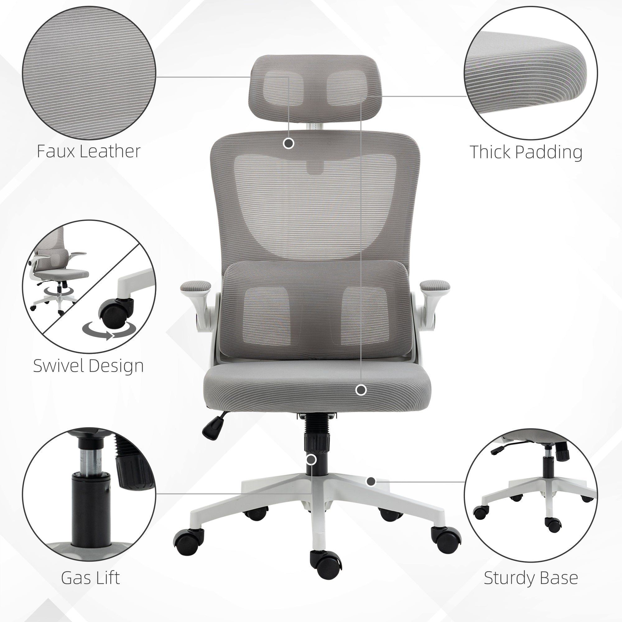 Vinsetto High Back Office Chair, Mesh Computer Desk Chair with Rotatable Headrest, Lumbar Back Support, Arm, Adjustable Height, Grey