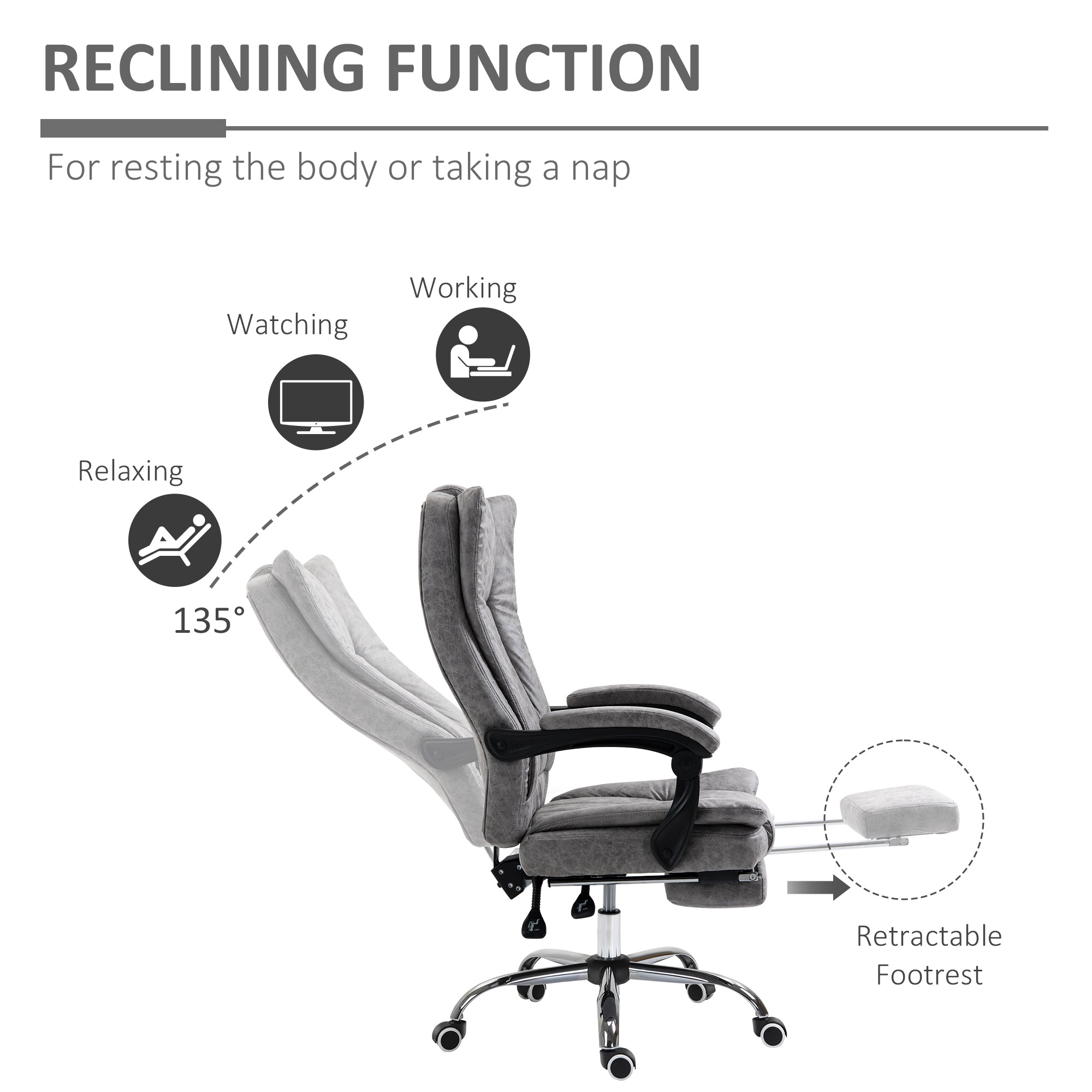Vinsetto Office Chair, Microfibre Reclining Computer Desk Chair with Footrest and Adjustable Height, Swivel Wheels for Home Office, Grey