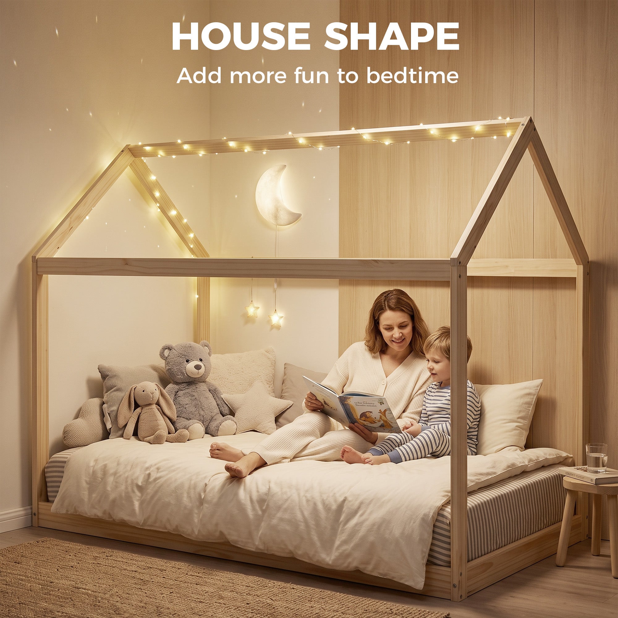 Single Bed Frame, House Scandinavian Style Wooden Bed Frame for 90W x 190Dcm Mattress, Pine Wood Bed Base, Natural Wood Finish