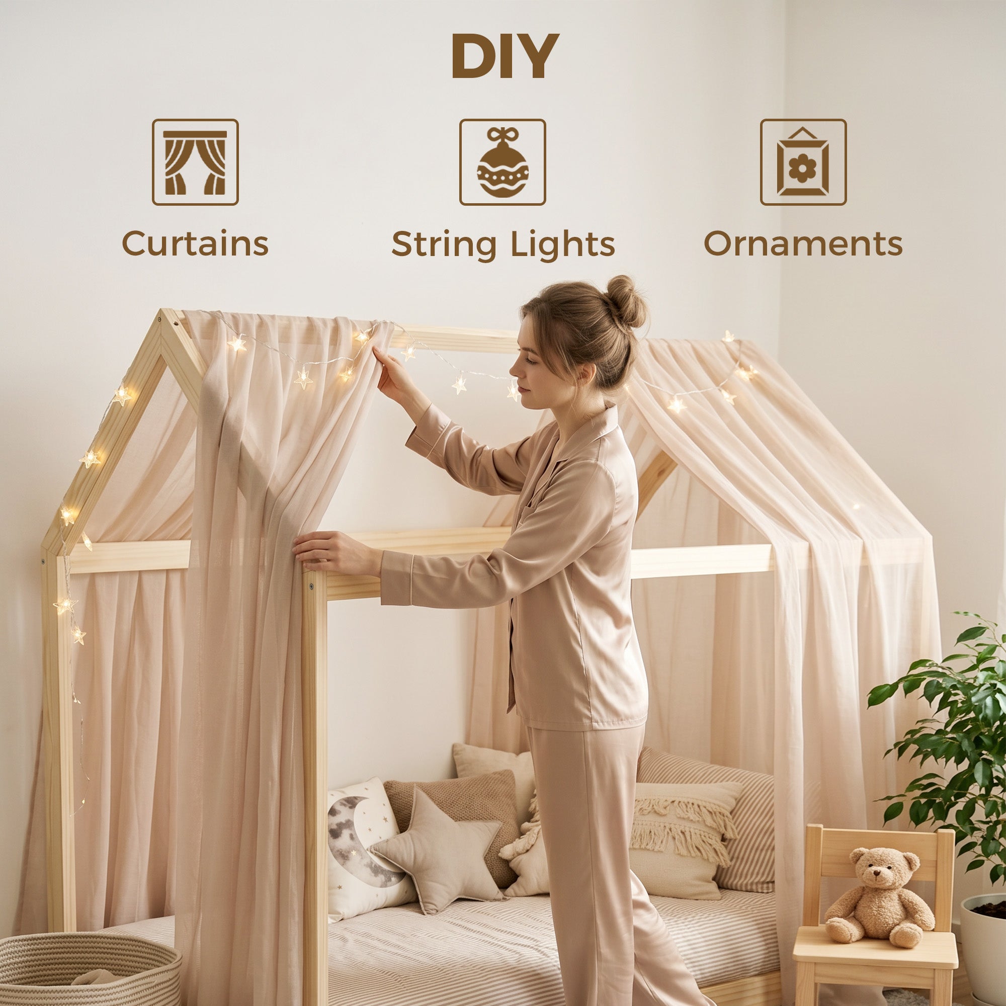 Single Bed Frame, House Scandinavian Style Wooden Bed Frame for 90W x 190Dcm Mattress, Pine Wood Bed Base, Natural Wood Finish