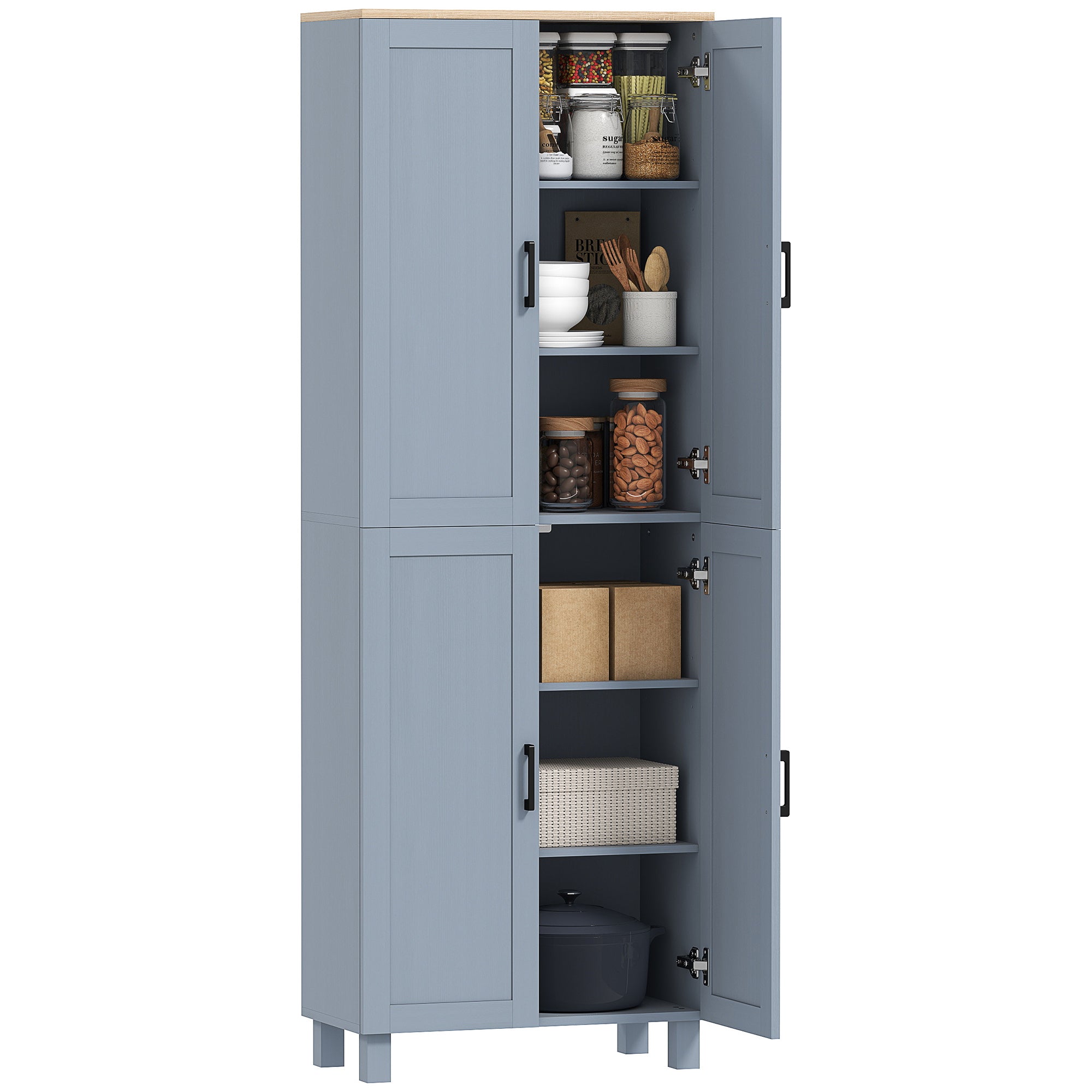 Freestanding Kitchen Cupboard, 4-Door Storage Cabinet with Adjustable Shelves, Modern Kitchen Pantry for Dining Room, 170cm, Grey Wood Effect