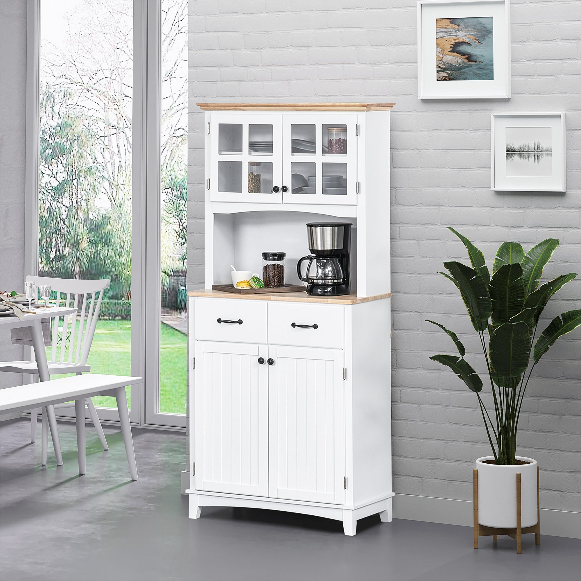 HOMCOM 29.1" Traditional Freestanding Kitchen Pantry Cabinet with Framed Door and Louvered Cabinet, Kitchen Buffet and Hutch Wooden Storage Sideboard with Microwave Counter, White