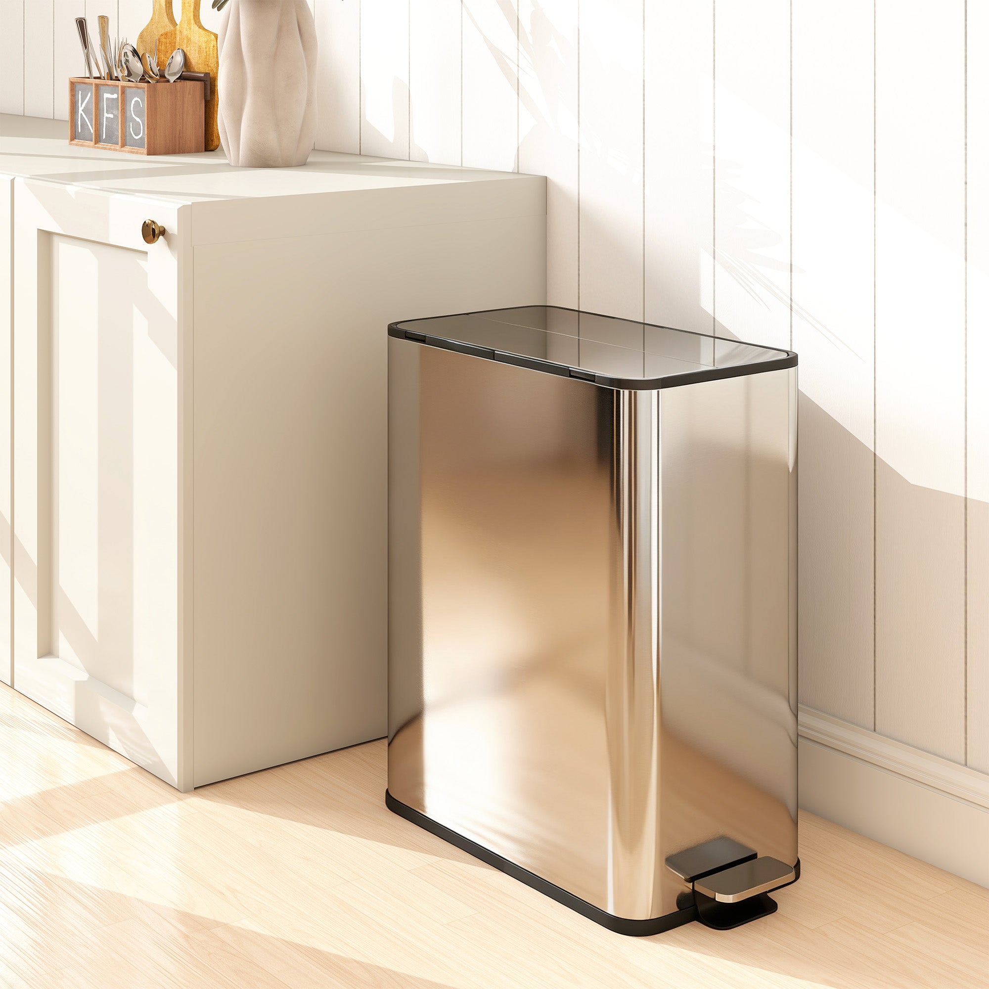 Dual Kitchen Bin with Soft-Close Butterfly Lid, 2 x 7.4Gal Stainless Steel Pedal Bin with Removable Inner Buckets, Fingerprint-Proof for Recycling and Waste, Silver Tone