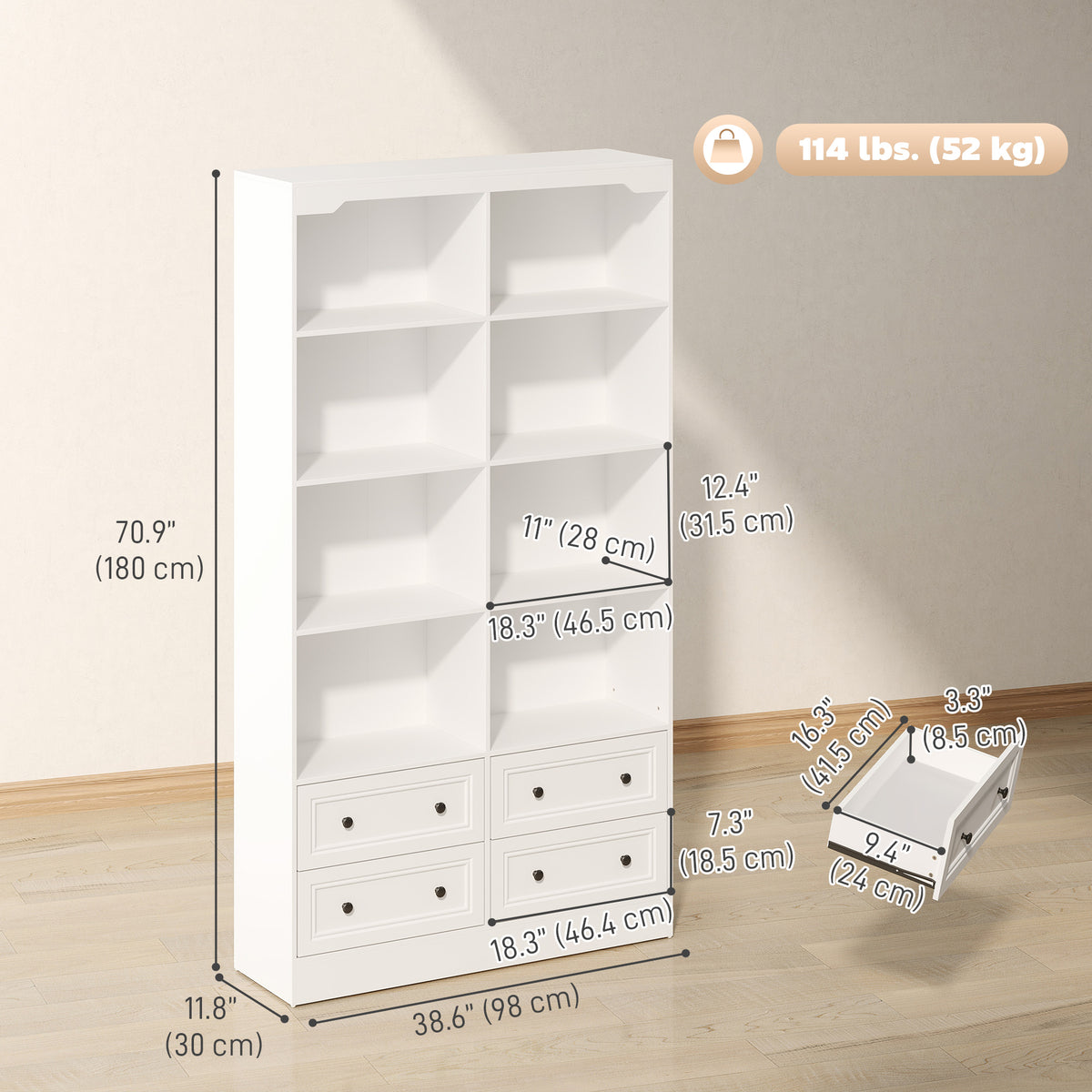 Bookshelf with 8 Cubbies and 4 Drawers, 5-Tier Double Wide Bookcase, Tall Bookcase with Storage, Standing Book Cabinet for Home Office, White