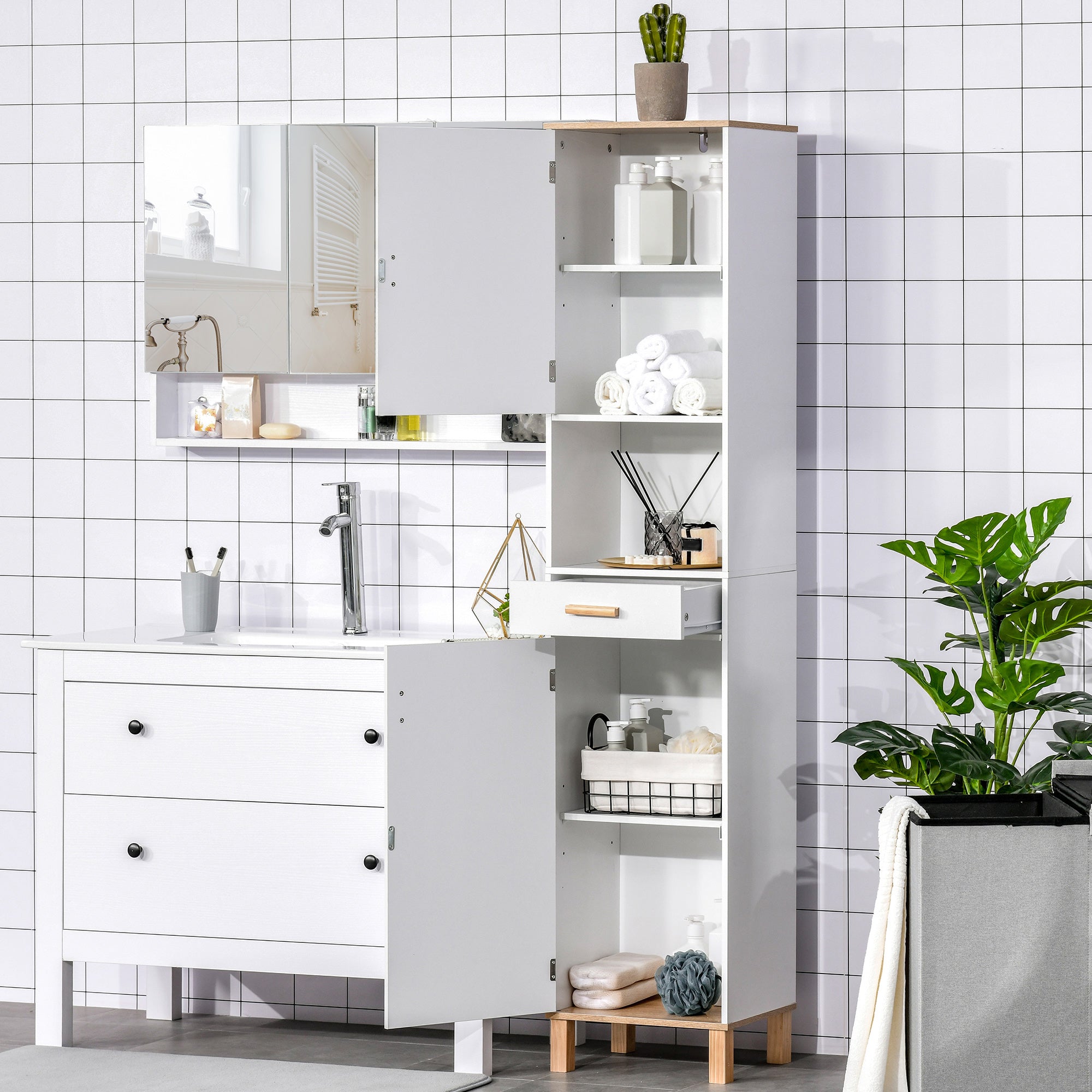 kleankin Tall Bathroom Storage Cabinet, Slim Bathroom Cabinet with Doors and Drawer, Free Standing Linen Tower with Shelves, White