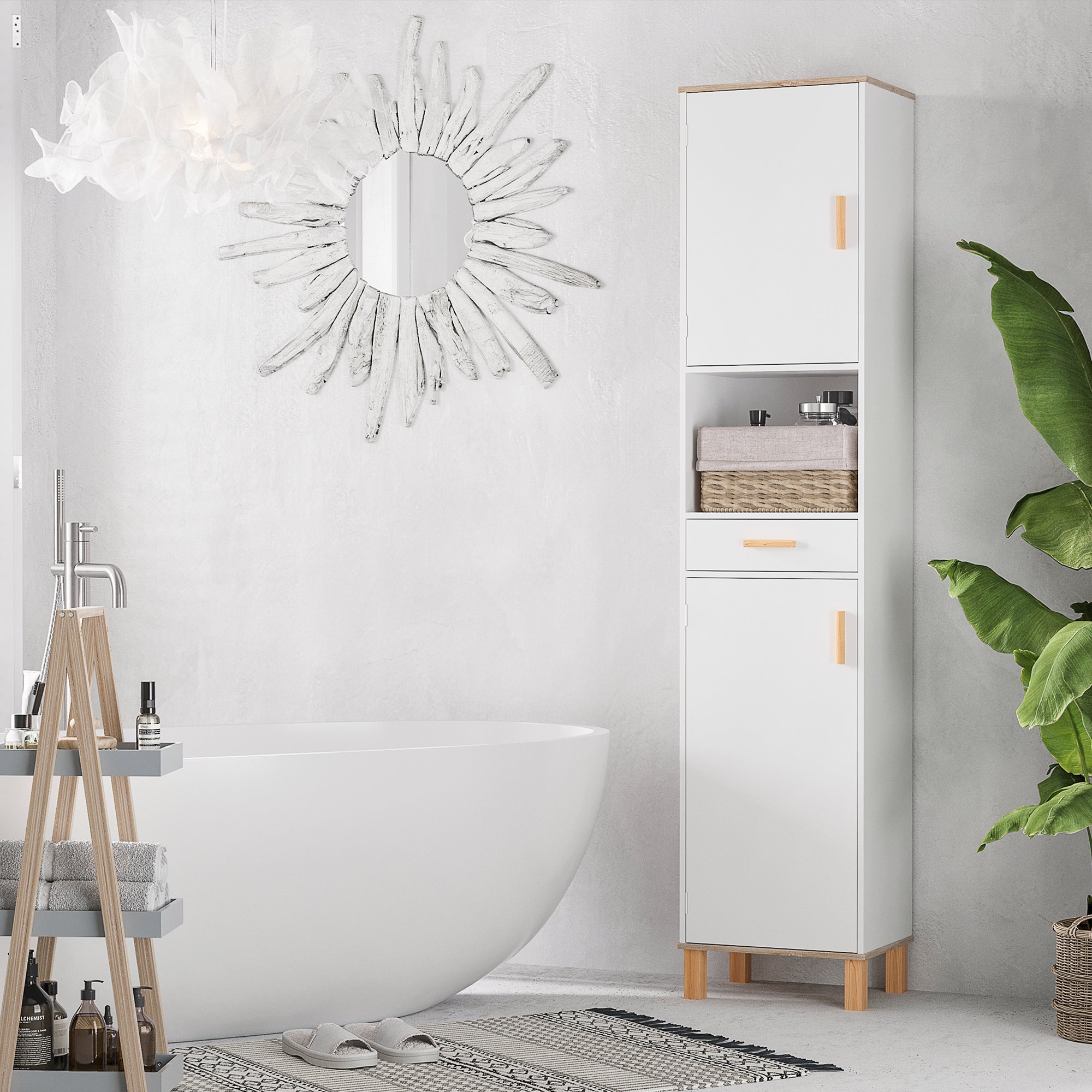 kleankin Tall Bathroom Storage Cabinet, Slim Bathroom Cabinet with Doors and Drawer, Free Standing Linen Tower with Shelves, White