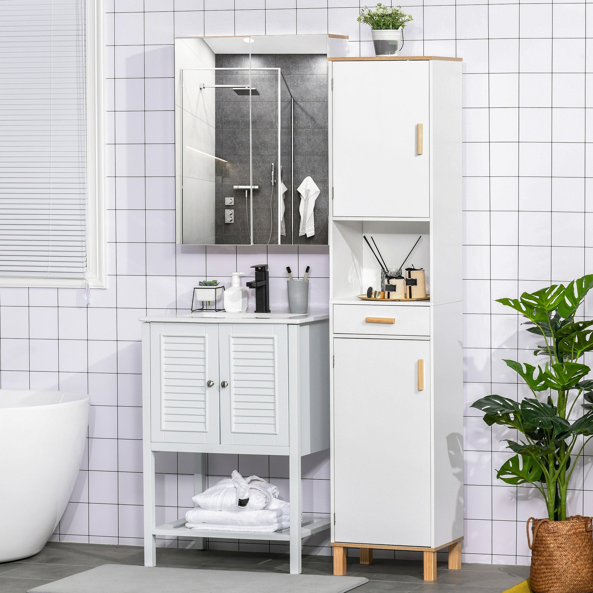 kleankin Tall Bathroom Storage Cabinet, Slim Bathroom Cabinet with Doors and Drawer, Free Standing Linen Tower with Shelves, White