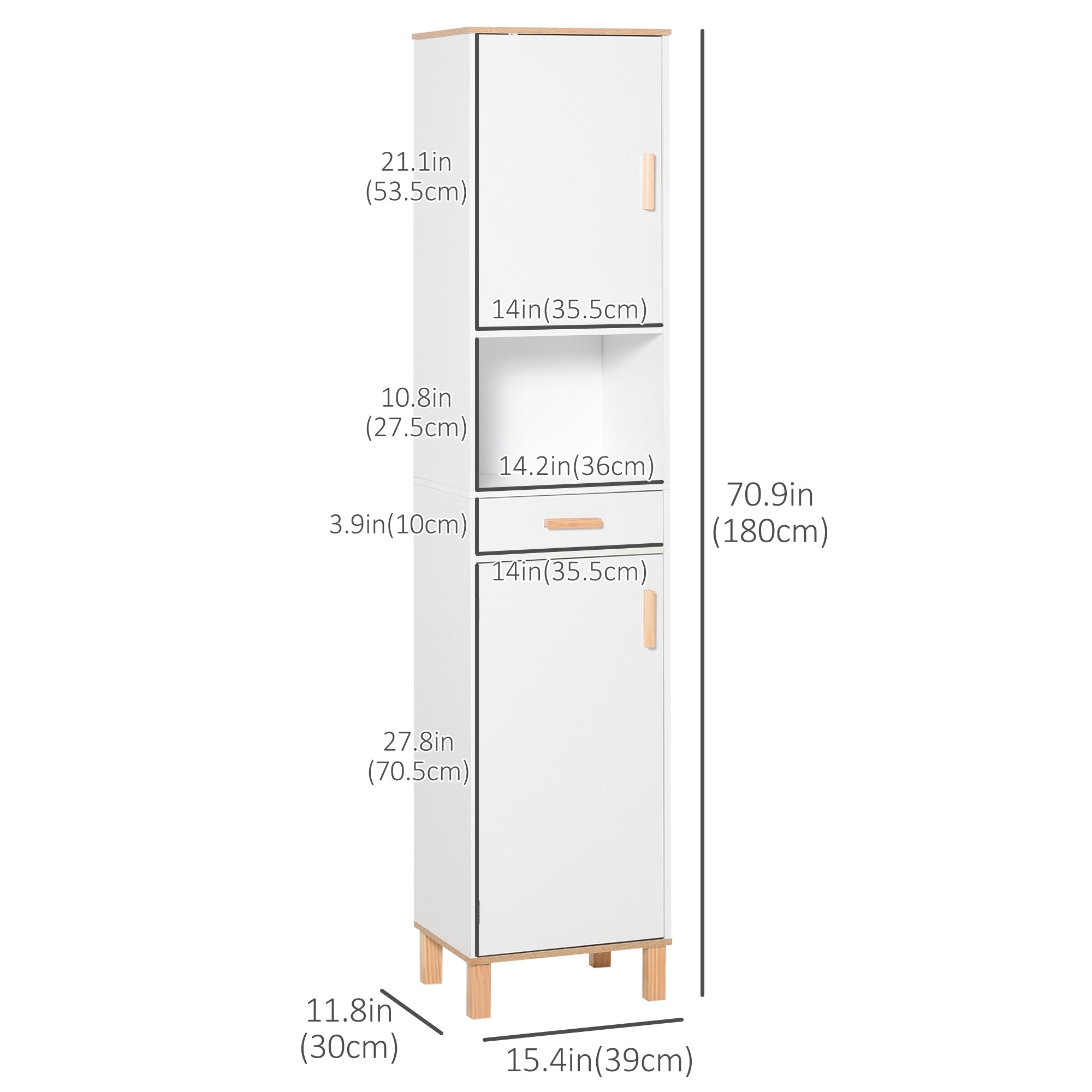 kleankin Tall Bathroom Storage Cabinet, Slim Bathroom Cabinet with Doors and Drawer, Free Standing Linen Tower with Shelves, White