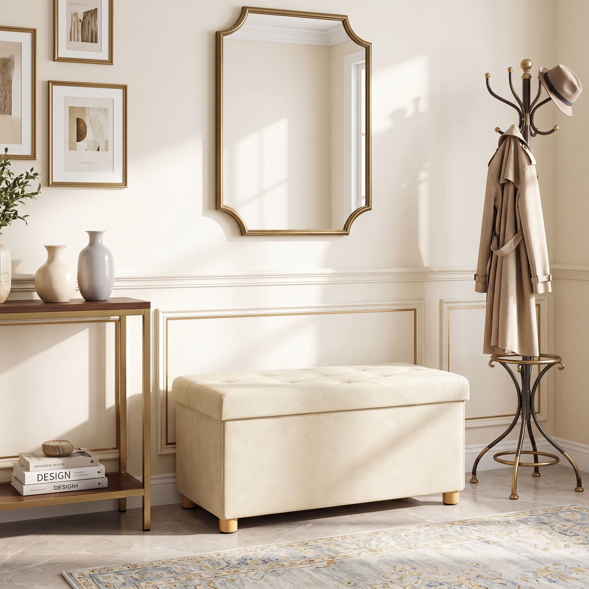 Storage Ottoman Bench, Velvet Upholstered Foldable Ottoman Footrest, Foot Stool with Wood Legs for Living Room, Bedroom, Entryway, Cream White