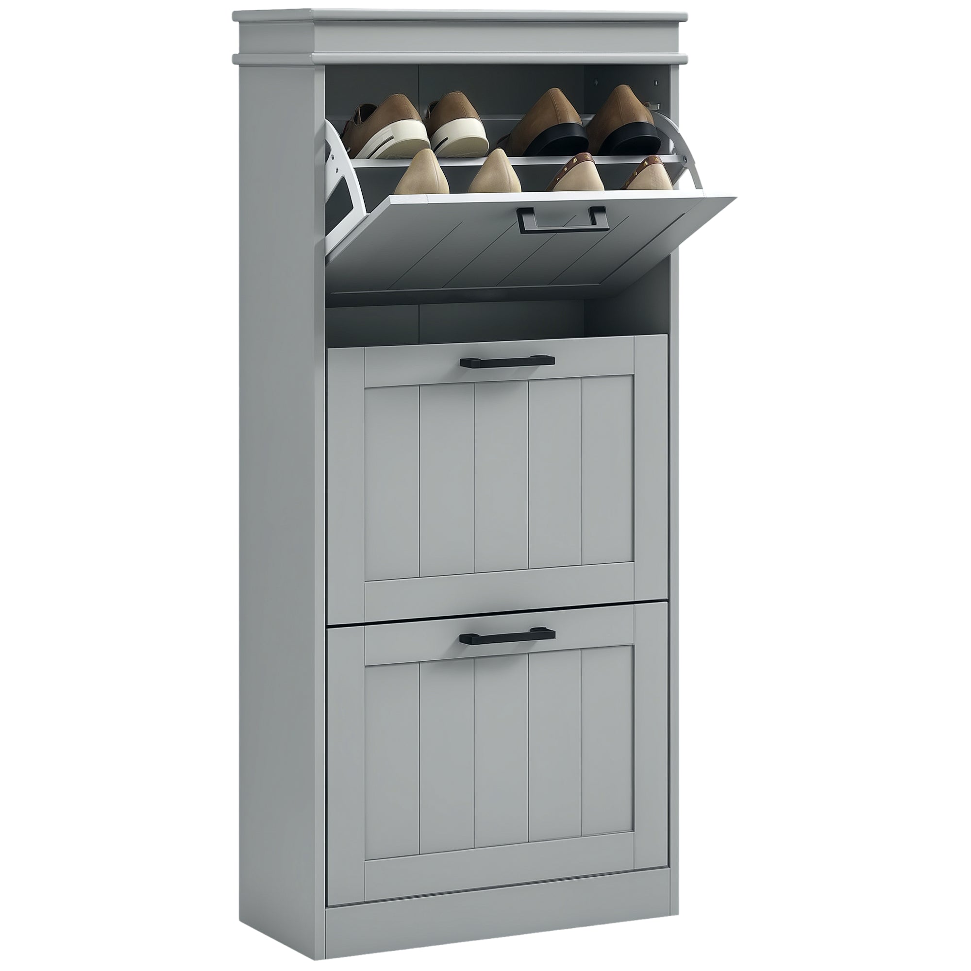 3 Drawers Entryway Shoe Cabinet, Narrow Shoe Storage Cabinet with 3 Flip Drawers and Adjustable Shelves for 15 Pairs of Shoes, Grey