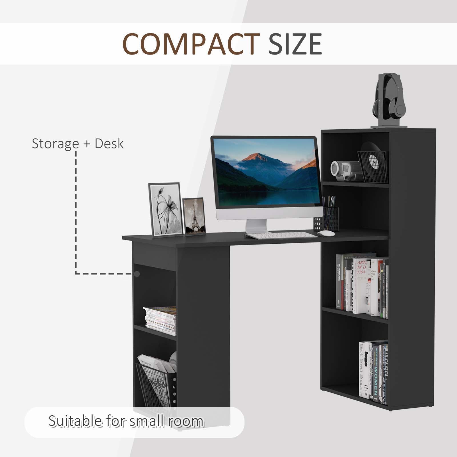 HOMCOM Modern Computer Desk with Storage Shelves, Writing Table Workstation with Bookshelf for Home Office, Black