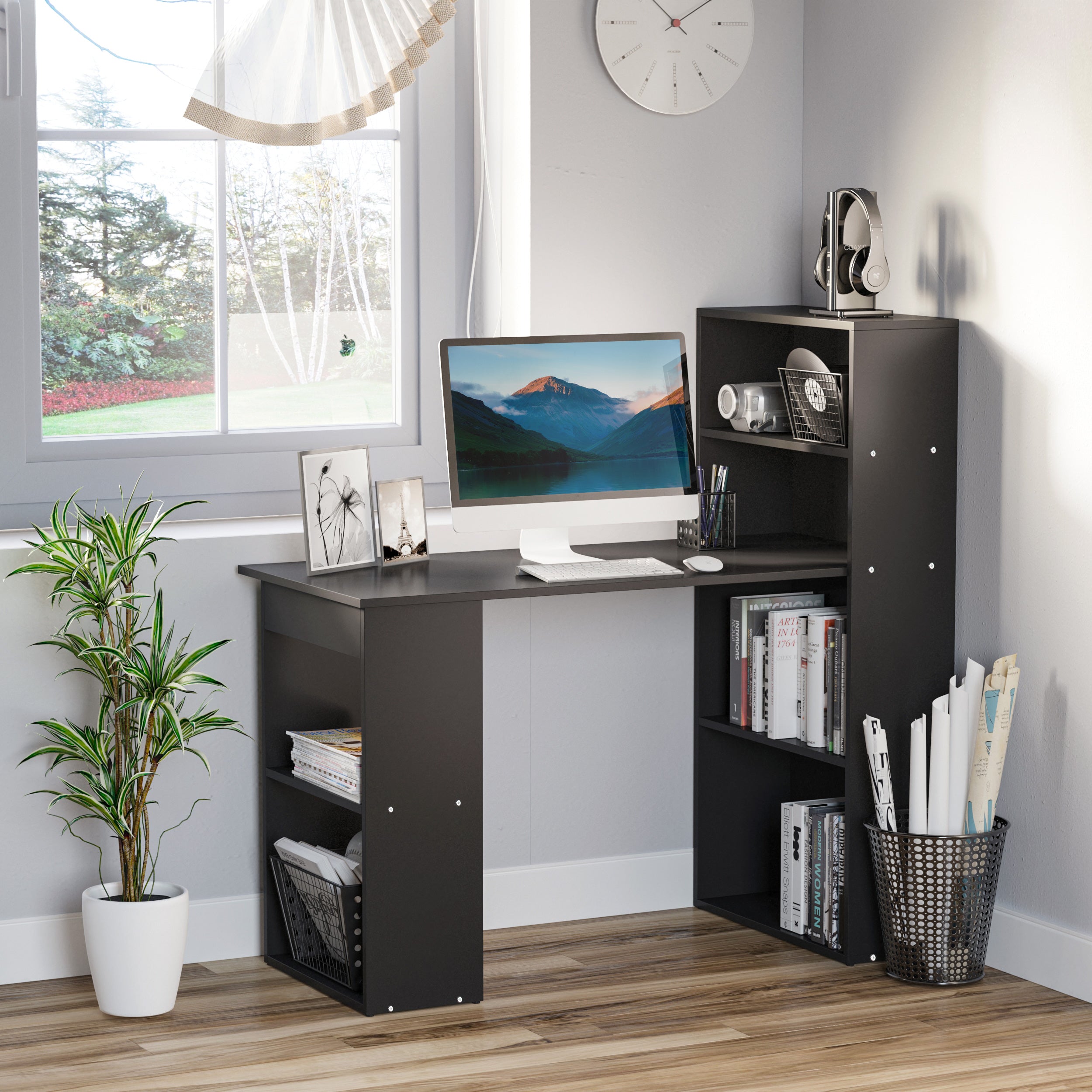 HOMCOM 120cm Modern Computer Desk Bookshelf Study Table Workstation PC Laptop Writing Home Office 6 Shelves Black