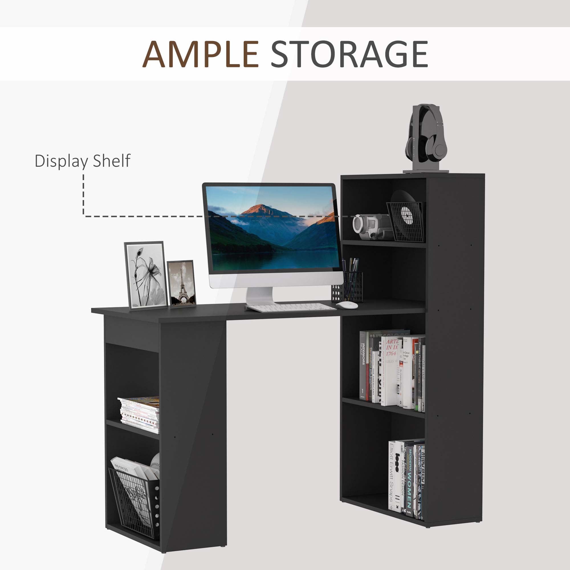 HOMCOM Modern Computer Desk with Storage Shelves, Writing Table Workstation with Bookshelf for Home Office, Black