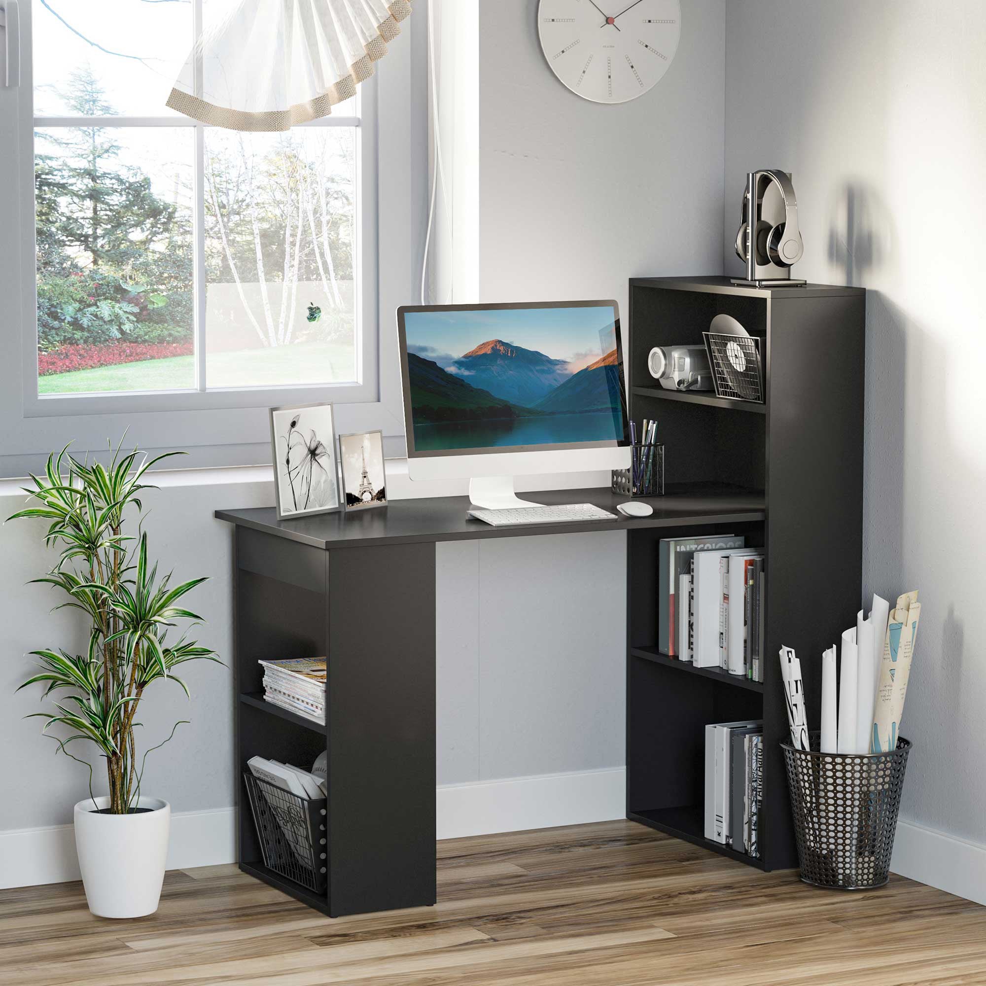 HOMCOM Modern Computer Desk with Storage Shelves, Writing Table Workstation with Bookshelf for Home Office, Black