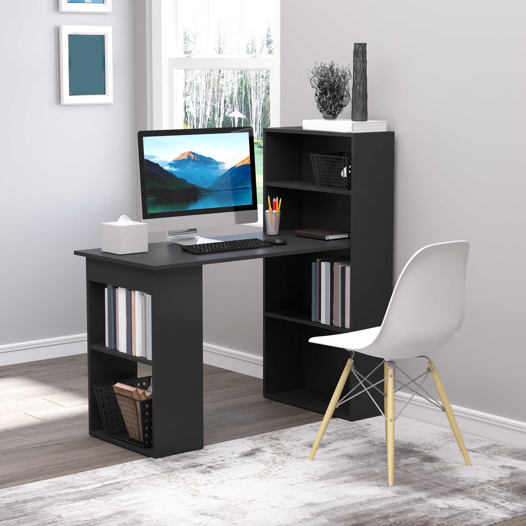 HOMCOM Modern Computer Desk with Storage Shelves, Writing Table Workstation with Bookshelf for Home Office, Black