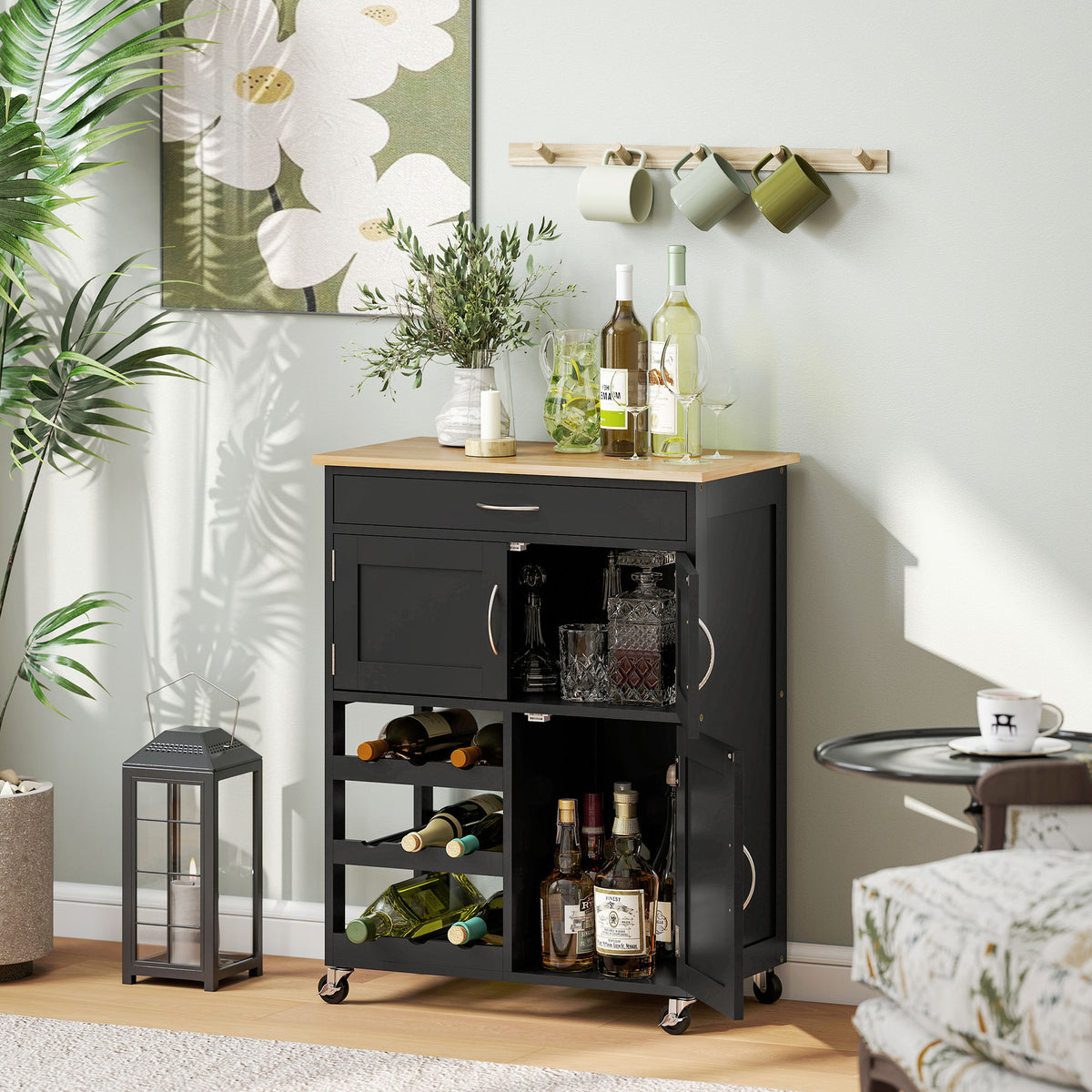 Modern Kitchen Trolley, Rolling Island Storage Cart with Drawer, 9-bottle Wine Rack, Door Cabinets, Wooden Countertop, Black