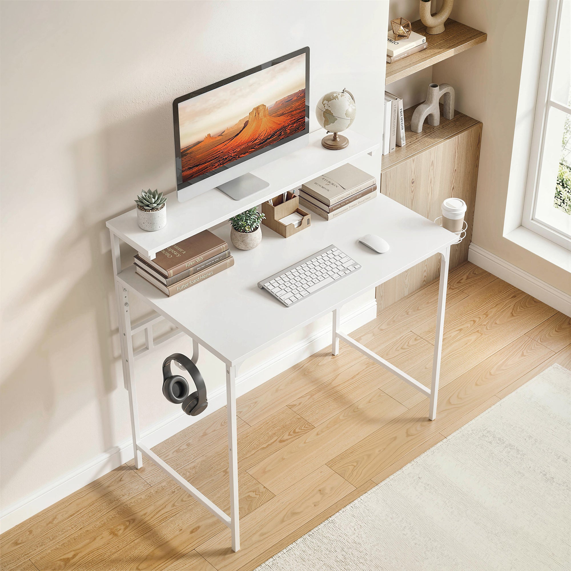 Computer Desk, 80cm Home Office Study Table with Hutch Shelf, Cup Holder, Headphone Hook, Metal Frame, Space Saving Writing Desk, White