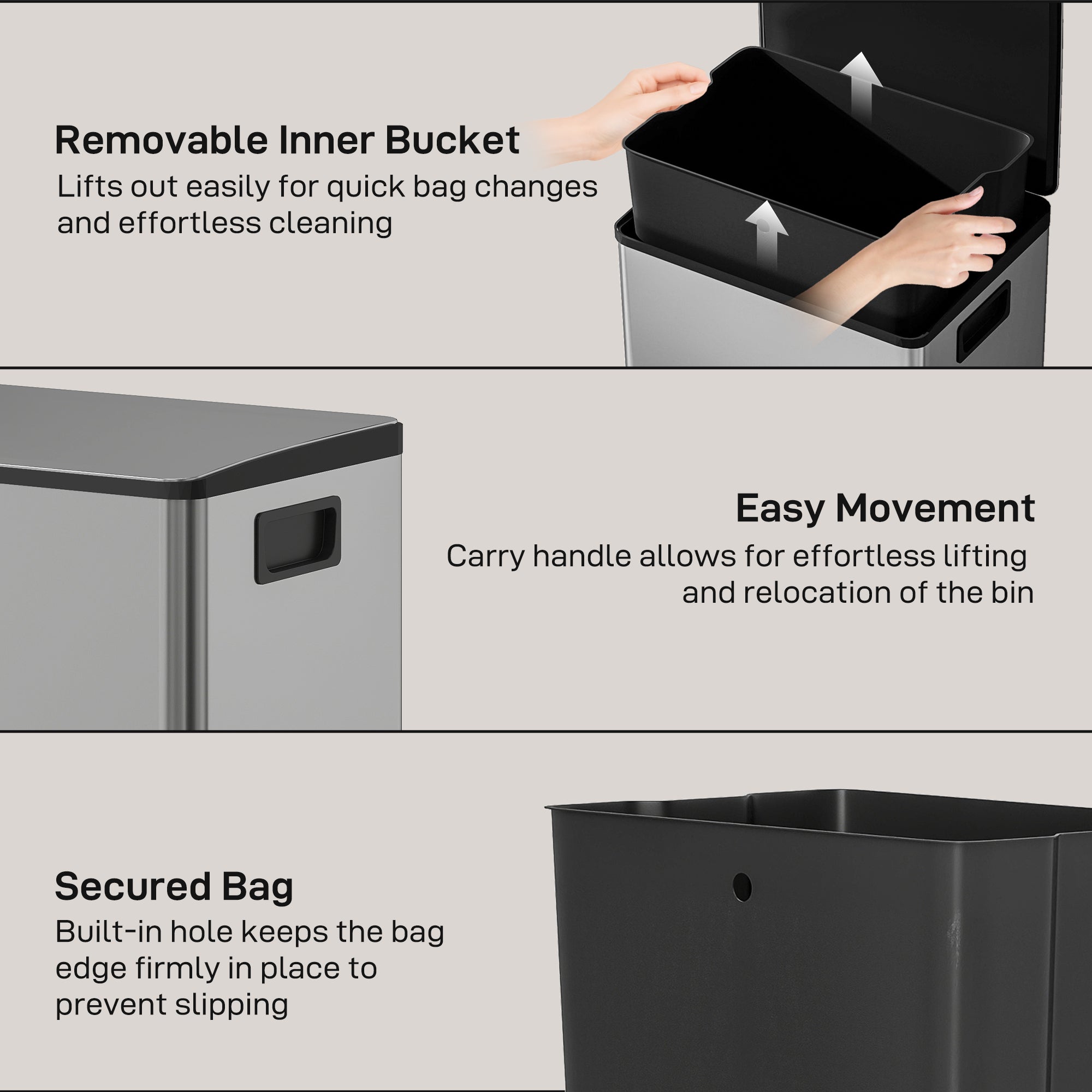13.2 Gallon/50 L Garbage Can, Fingerprint-proof Stainless Steel Kitchen Trash Can with Soft-close Lid, Removable Inner Bucket, Odour Filter, Garbage Bin for Home, Silver