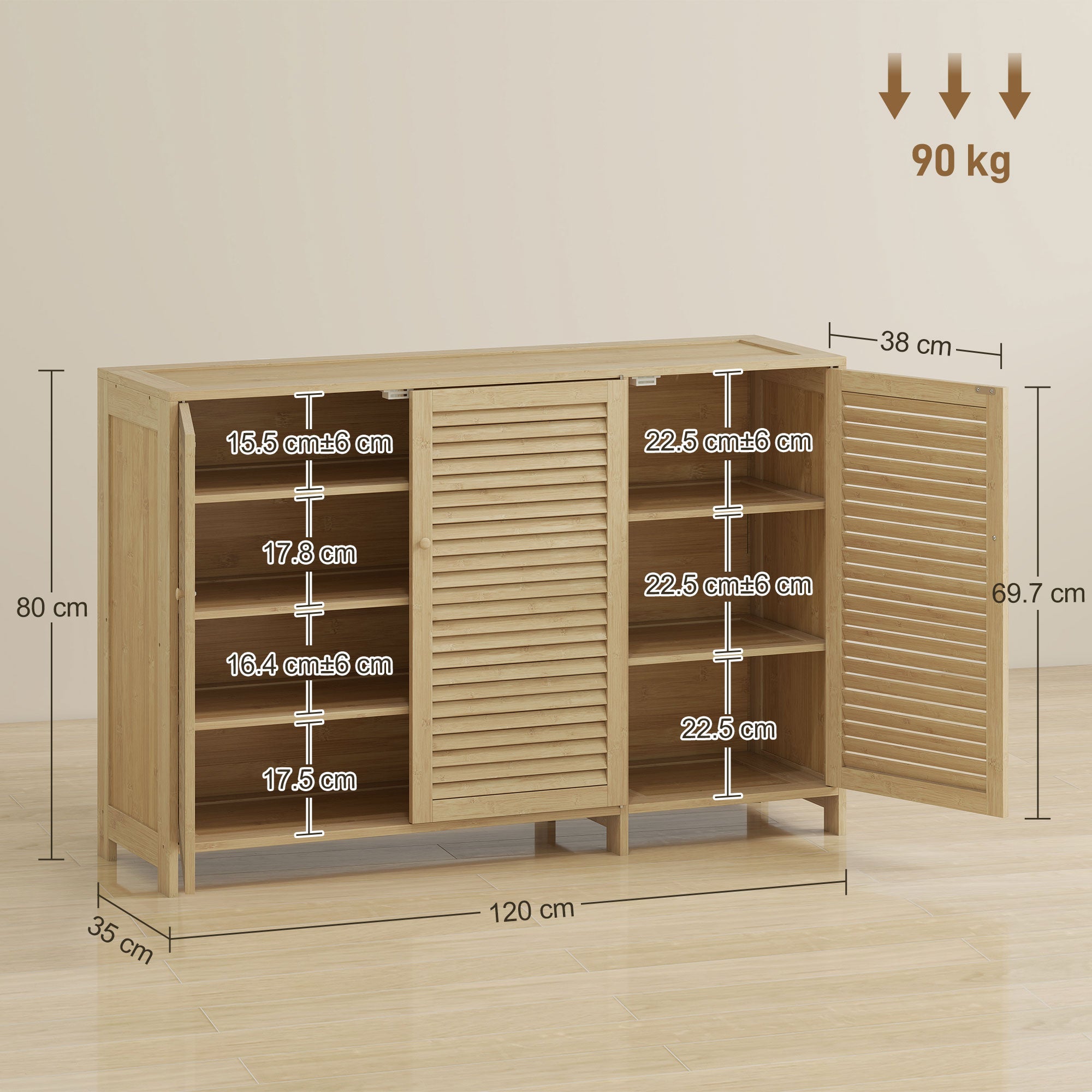 Bamboo Shoe Cabinet with Louvered Doors, Shoe Storage Cabinet with Adjustable Shelves, 18 Pairs Footwear Cupboard for Hallway, Entryway, 120 x 35 x 80 cm, Natural Wood Finish