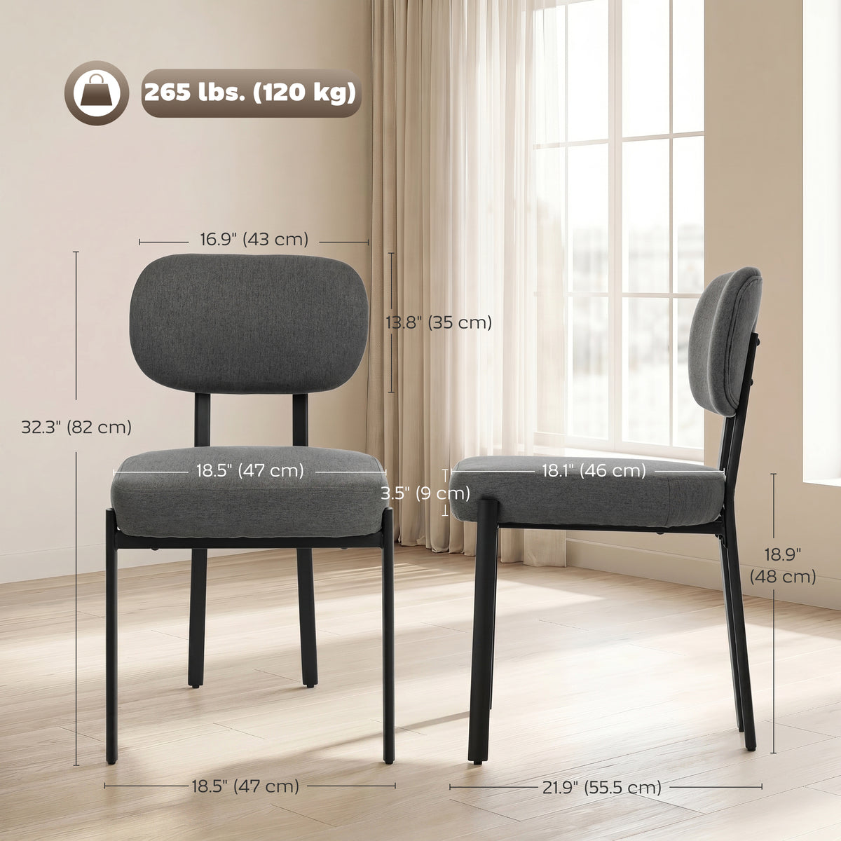 Modern Dining Chairs Set of 2, Upholstered Linen Fabric Kitchen Chairs with Metal Legs and Wide Padded Seat for Kitchen, Living Room, Grey