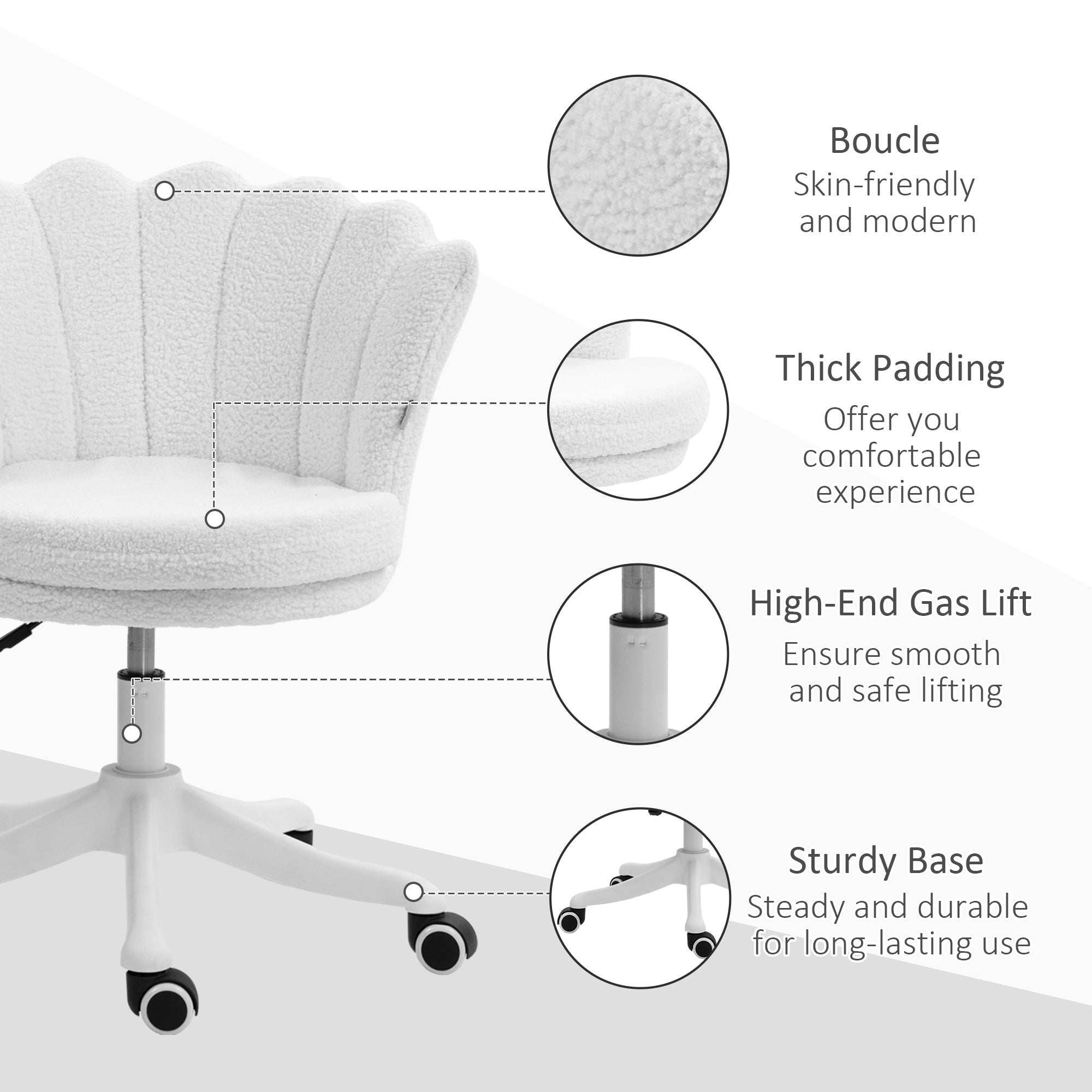 HOMCOM Mid Back Berber Fleece Office Chair, Adjustable Height Study Chair, Vanity Chair with Swivel Wheels for Living Room, Study, White