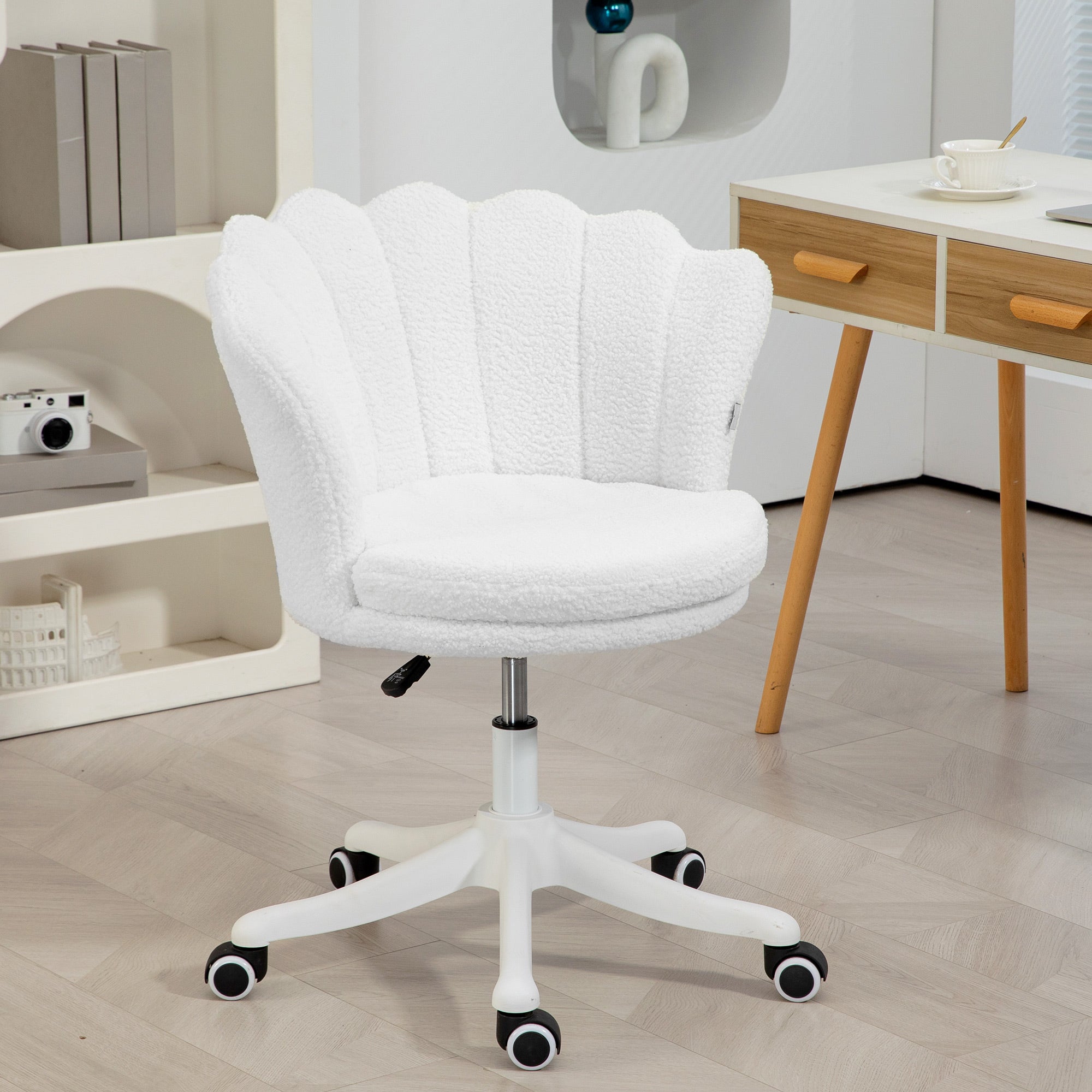 HOMCOM Mid Back Berber Fleece Office Chair, Adjustable Height Study Chair, Vanity Chair with Swivel Wheels for Living Room, Study, White