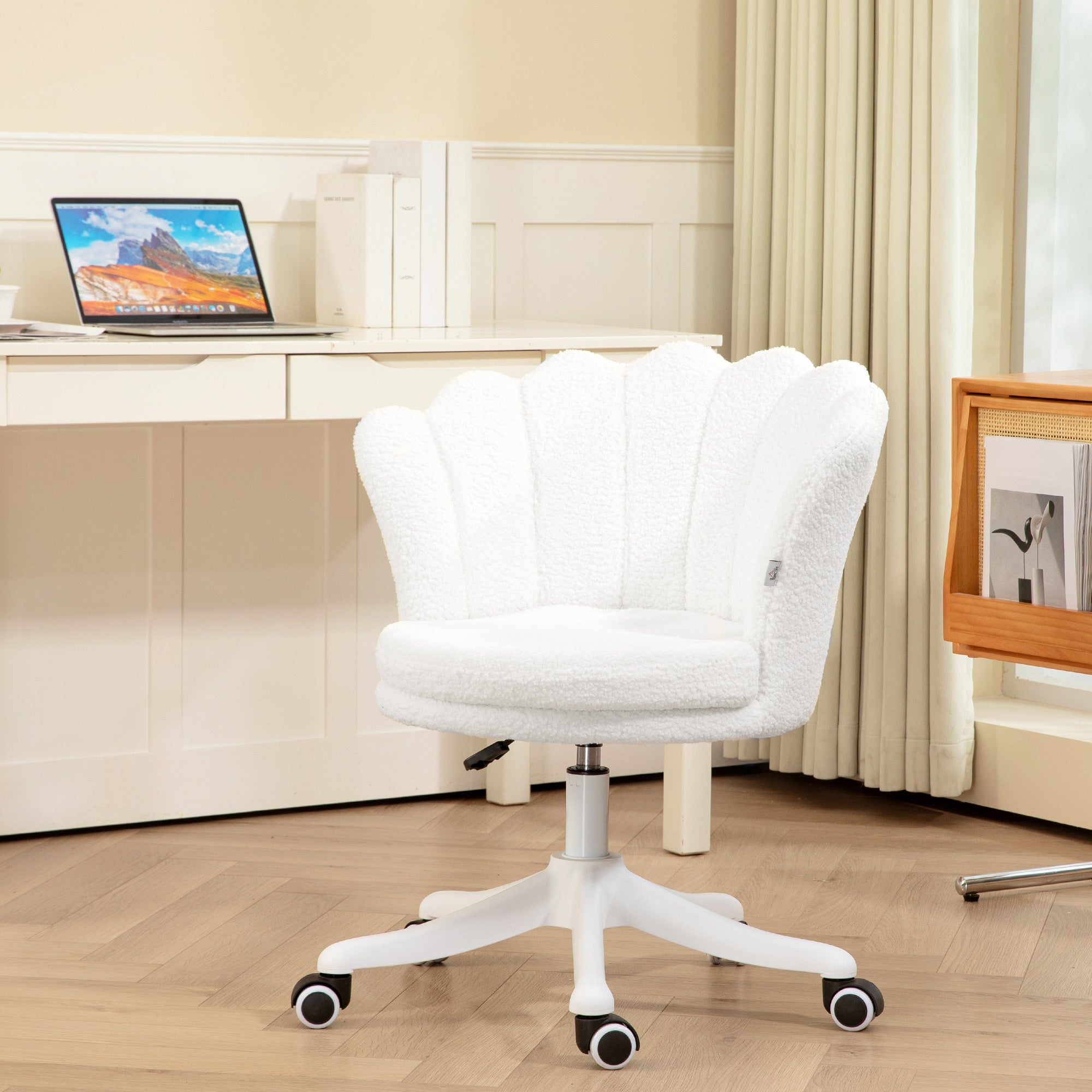 HOMCOM Mid Back Berber Fleece Office Chair, Adjustable Height Study Chair, Vanity Chair with Swivel Wheels for Living Room, Study, White