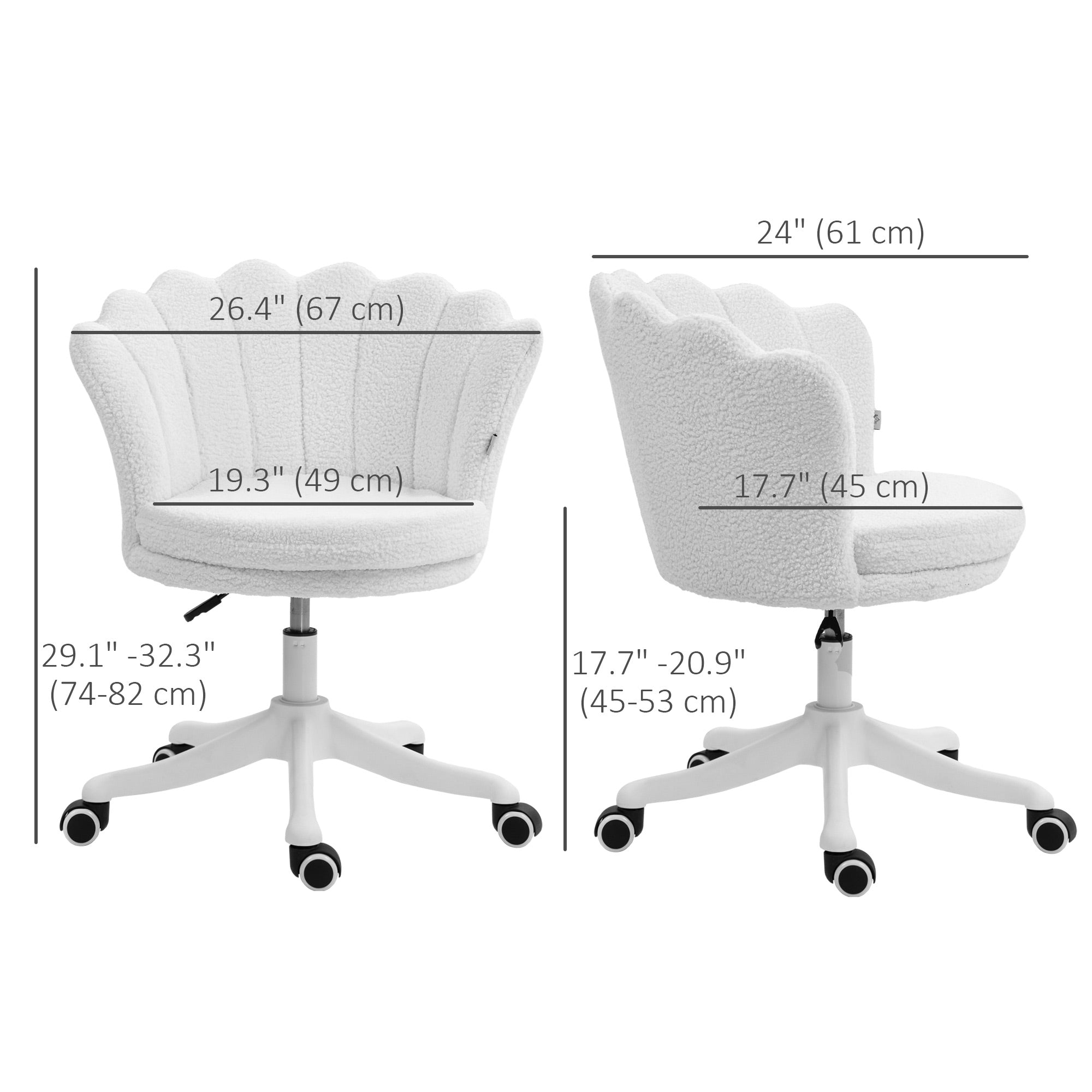 HOMCOM Mid Back Berber Fleece Office Chair, Adjustable Height Study Chair, Vanity Chair with Swivel Wheels for Living Room, Study, White