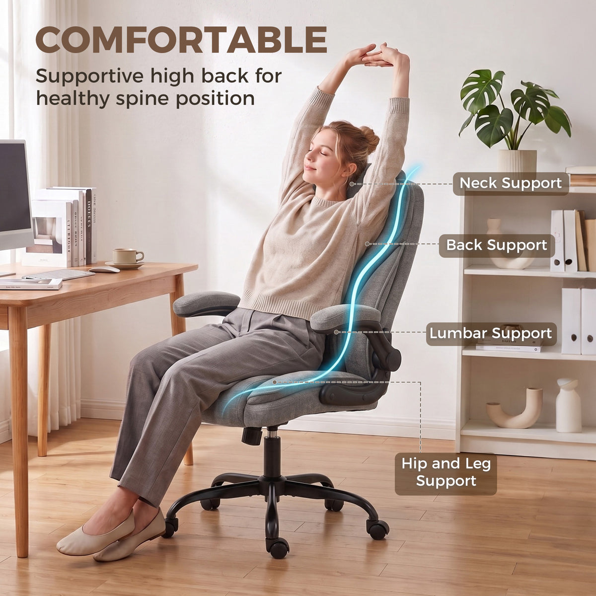 Office Chair, Ergonomic Executive Desk Chair with Padded Flip-up Armrest, Pocket Springs, Swivel Wheels, Multiple Angle Rocking, Adjustable Height, Diamond Fabric for Home Office, Dark Grey