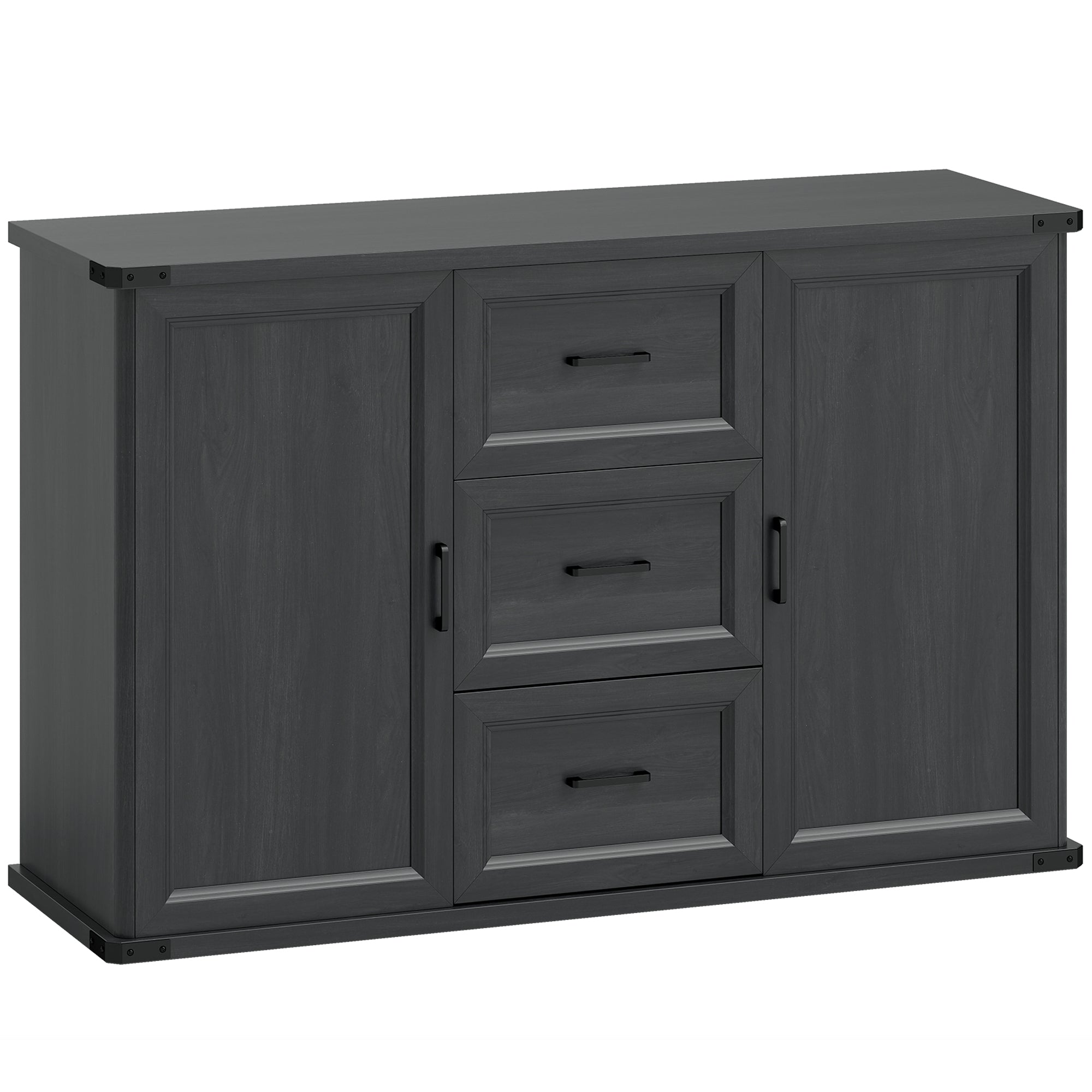 Modern Sideboard Buffet Cabinet with 3 Drawers and 2 Doors, 47" Coffee Bar Cabinet with Adjustable Shelves for Kitchen, Black Wood Grain