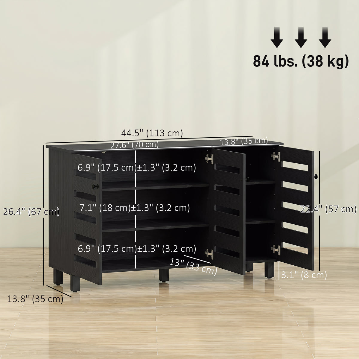Shoe Cabinet, Shoe Storage Cabinet with 3 Slatted Doors, 3-tier Shelving Shoe Rack Cabinet with Adjustable Shelves for Entryway, Hallway, Living Room, Holds 15 Pairs, Black