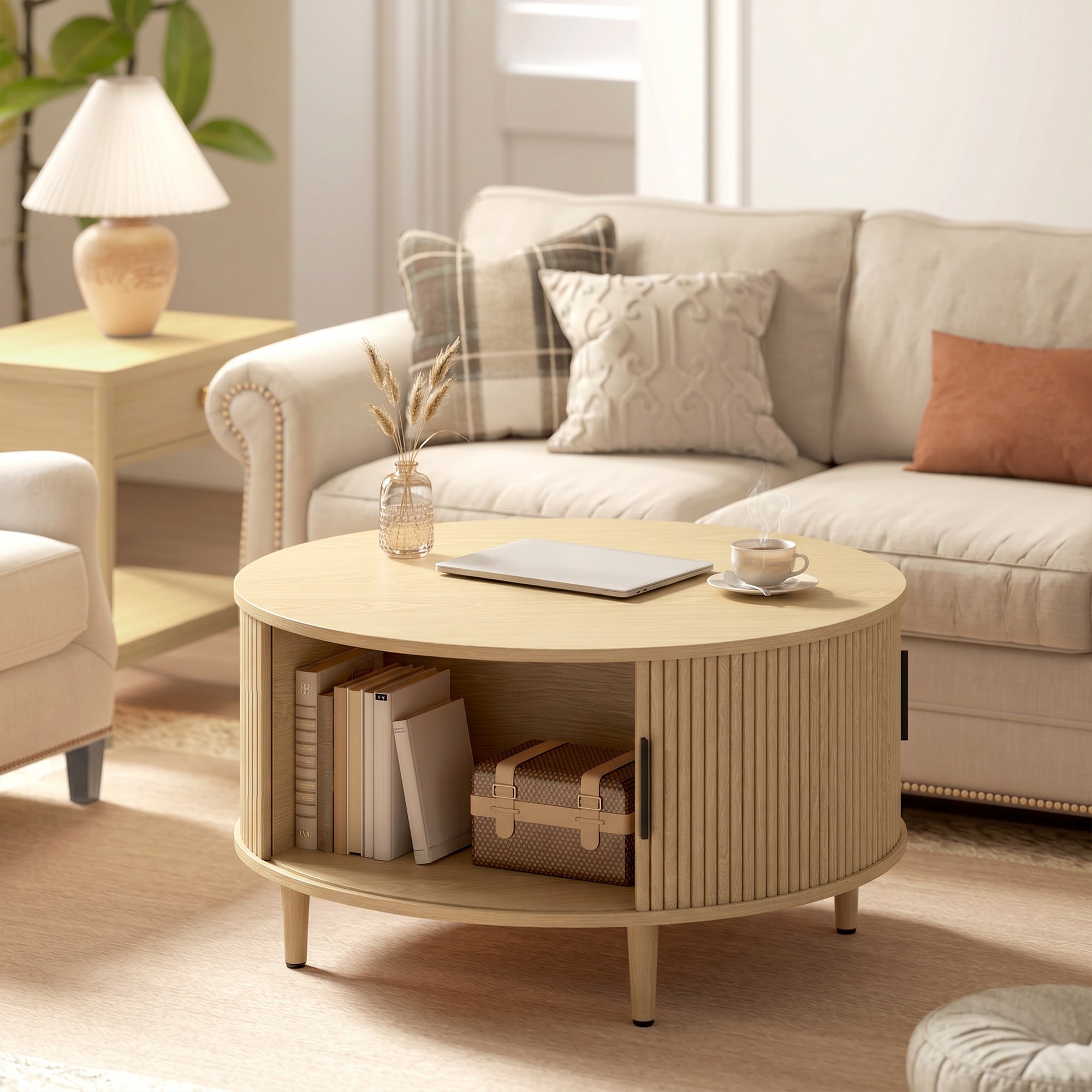 Round Coffee Table with Storage, 80 cm Modern Centre Table with Fluted Sliding Cabinet Door and Lift Top, Wood Circle Drum Table for Living Room, Natural Wood