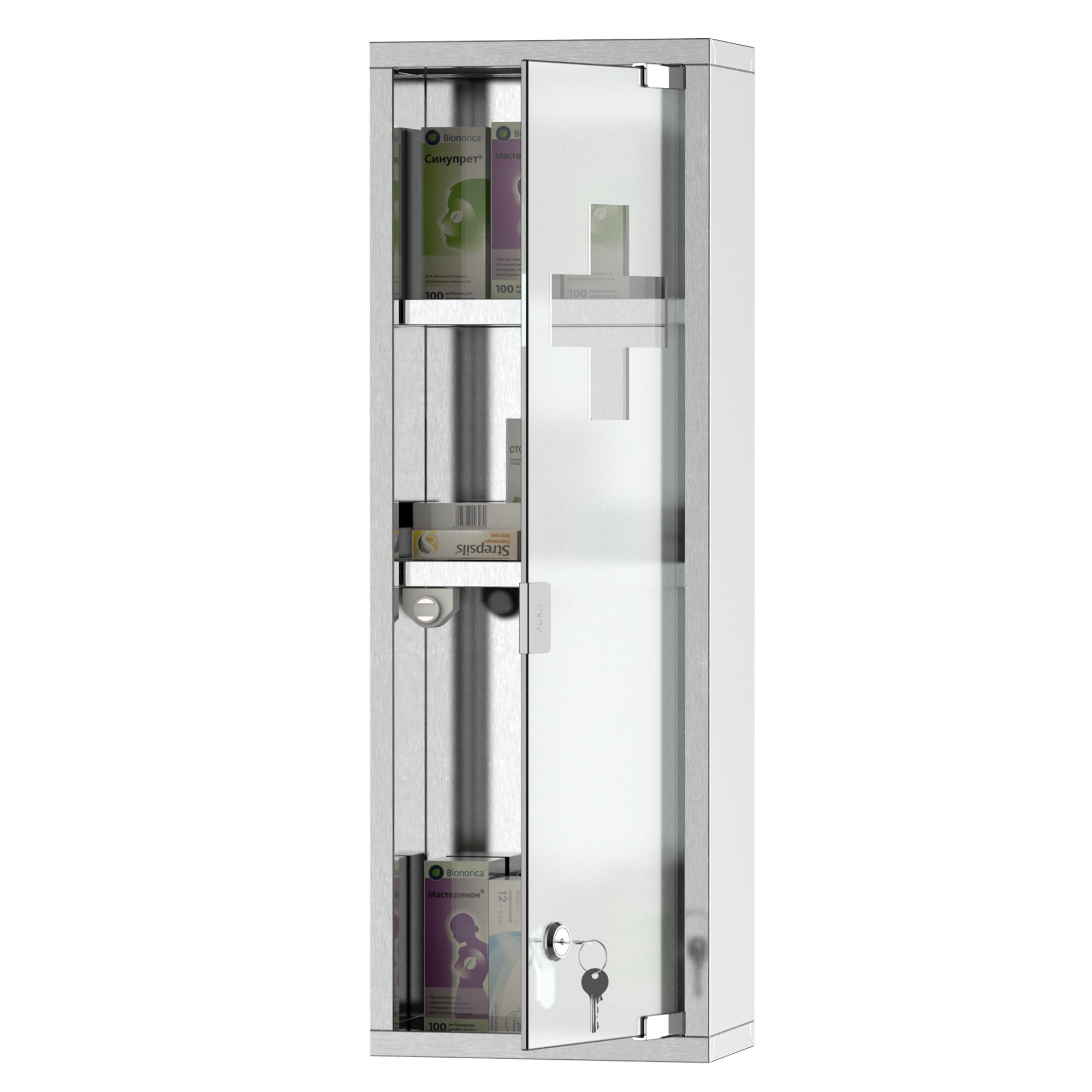 kleankin Wall Mount Medicine Cabinet, Bathroom Cabinet with 3 Tier Shelves, Stainless Steel Frame and Glass Door, Lockable with 2 Keys, Silver, 8" x 23"