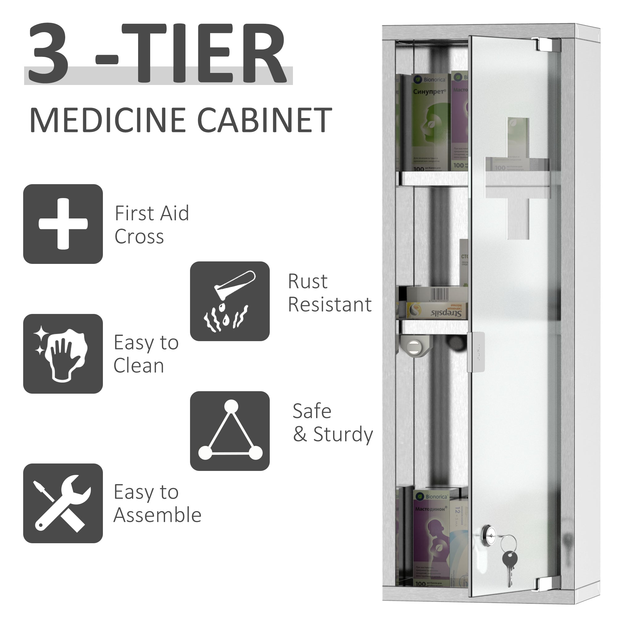 kleankin Wall Mount Medicine Cabinet, Bathroom Cabinet with 3 Tier Shelves, Stainless Steel Frame and Glass Door, Lockable with 2 Keys, Silver, 8" x 23"