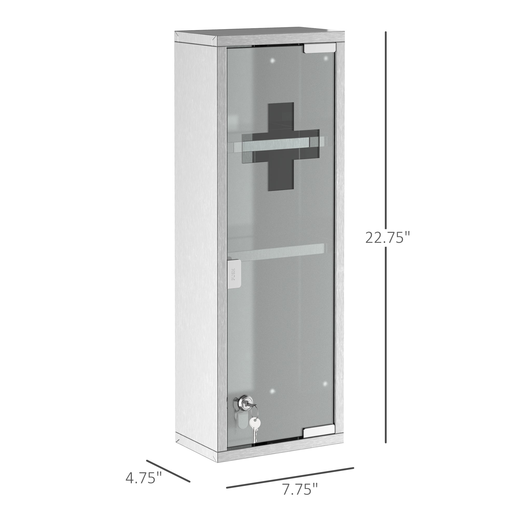 kleankin Wall Mount Medicine Cabinet, Bathroom Cabinet with 3 Tier Shelves, Stainless Steel Frame and Glass Door, Lockable with 2 Keys, Silver, 8" x 23"