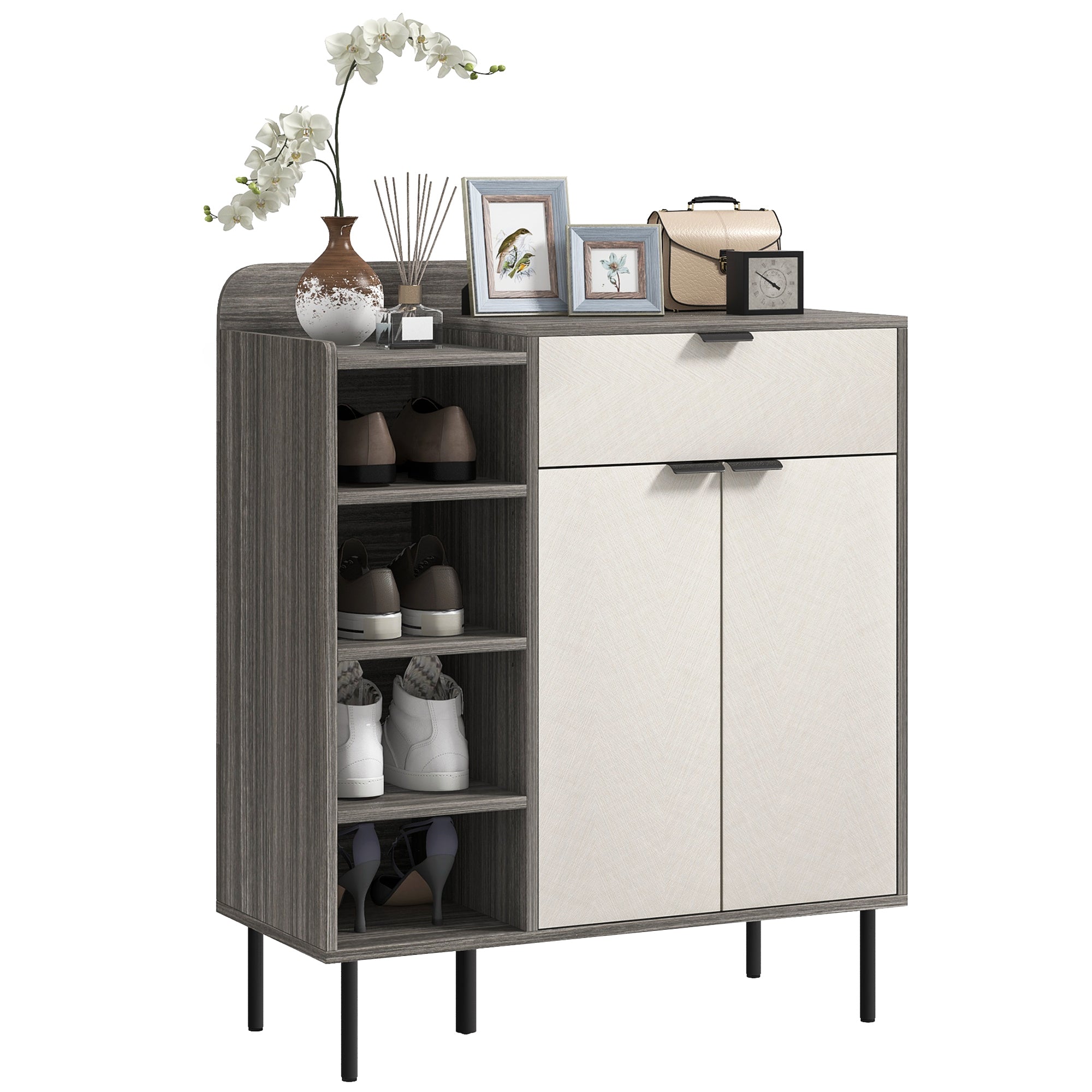 HOMCOM Shoe Cabinet, Hallway Shoe Storage Cabinet with 4-Tier Open Shelf, Double Doors and 3 Adjustable Shelves for 12 Pairs of Shoes, Graphite Wood Effect