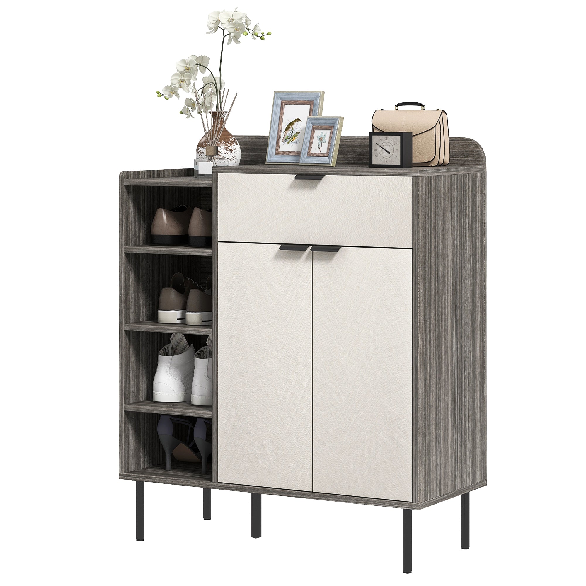HOMCOM Shoe Cabinet, Hallway Shoe Storage Cabinet with 4-Tier Open Shelf, Double Doors and 3 Adjustable Shelves for 12 Pairs of Shoes, Graphite Wood Effect