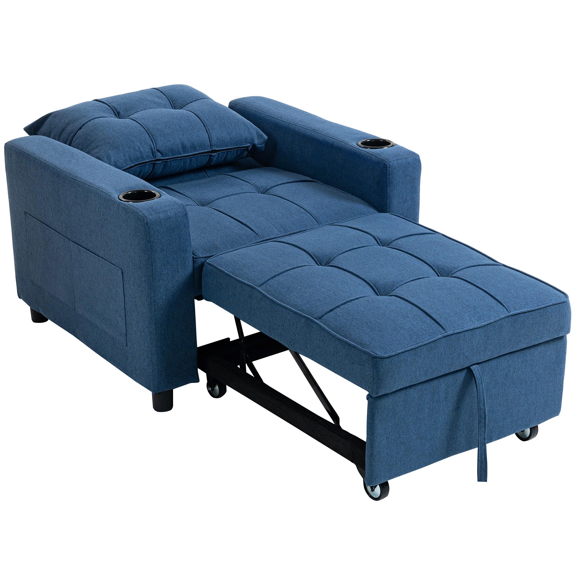 3-in-1 Single Sofa Bed, Convertible Sleeper Chair Bed with Adjustable Backrest, Fabric Pull Out Chair with Pillow, Side Pockets and Cup Holders for Living Room, Bedroom, Small Space, Dark Blue