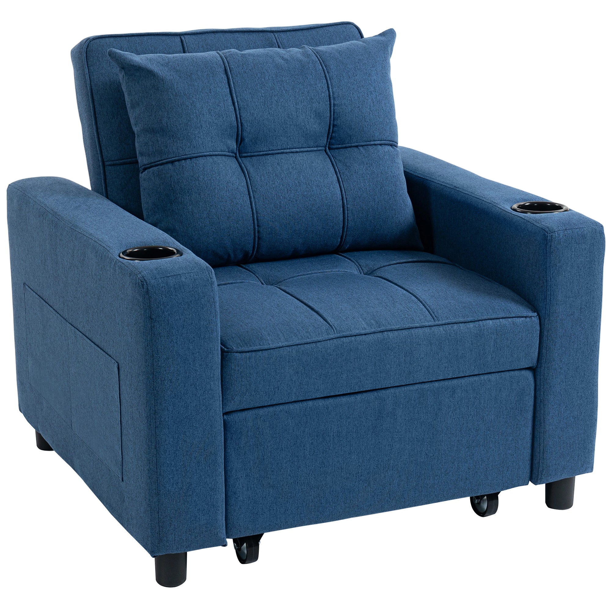 3-in-1 Single Sofa Bed, Convertible Sleeper Chair Bed with Adjustable Backrest, Fabric Pull Out Chair with Pillow, Side Pockets and Cup Holders for Living Room, Bedroom, Small Space, Dark Blue