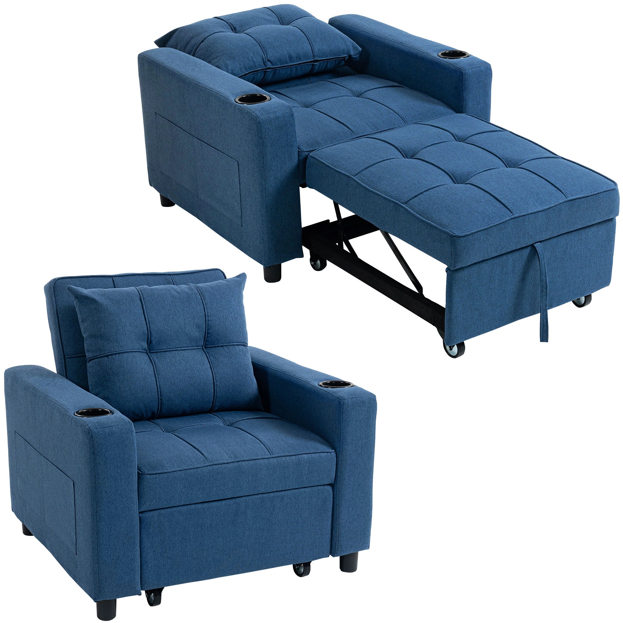 3-in-1 Single Sofa Bed, Convertible Sleeper Chair Bed with Adjustable Backrest, Fabric Pull Out Chair with Pillow, Side Pockets and Cup Holders for Living Room, Bedroom, Small Space, Dark Blue