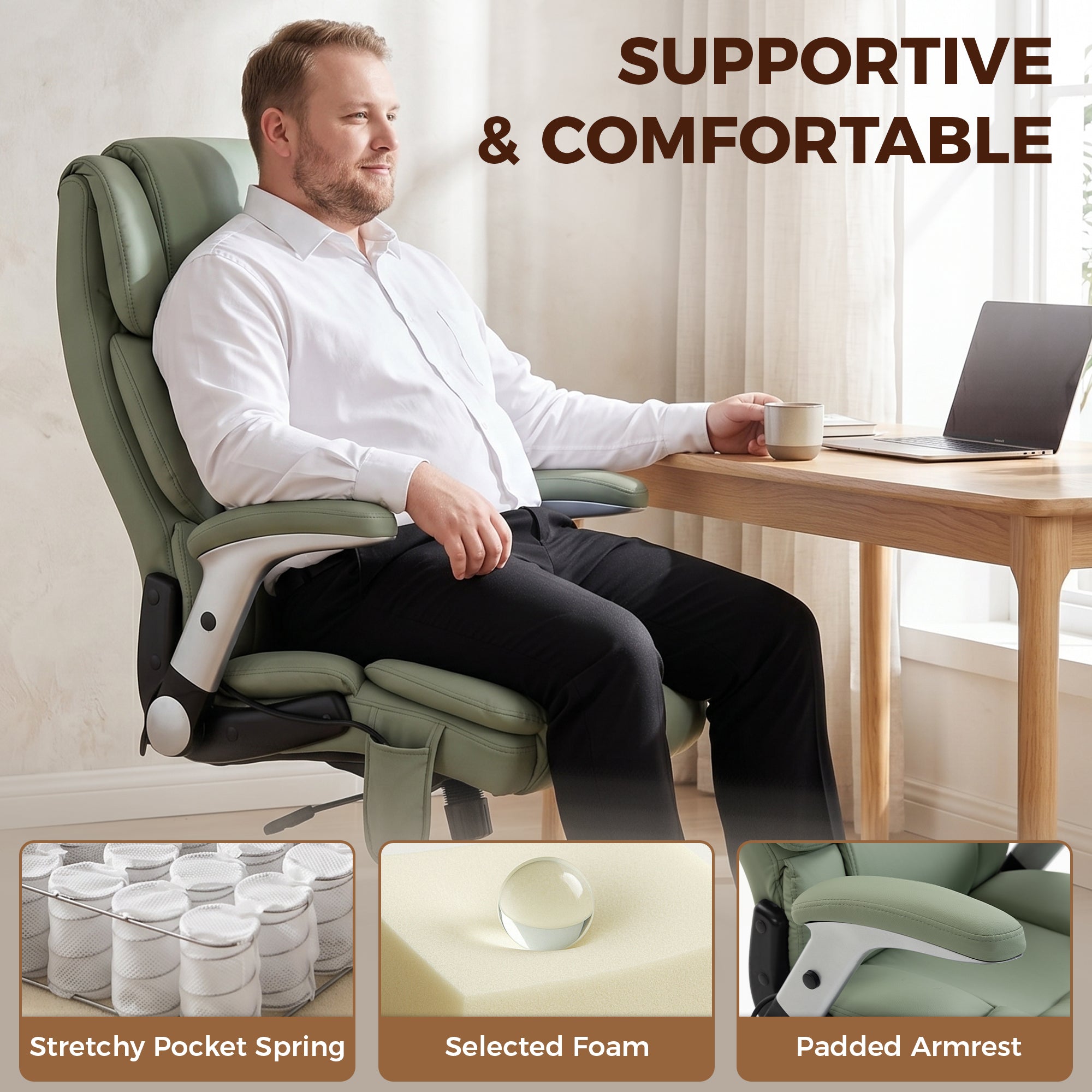 Heavy Duty Office Chair 400LBS with Airbag Lumbar Support, Pet-Friendly Fabric, Big and Tall Desk Chair with Flip-Up Armrests, Pocket Springs, Class 4 Gas Cylinder, Wide Seat, Light Green