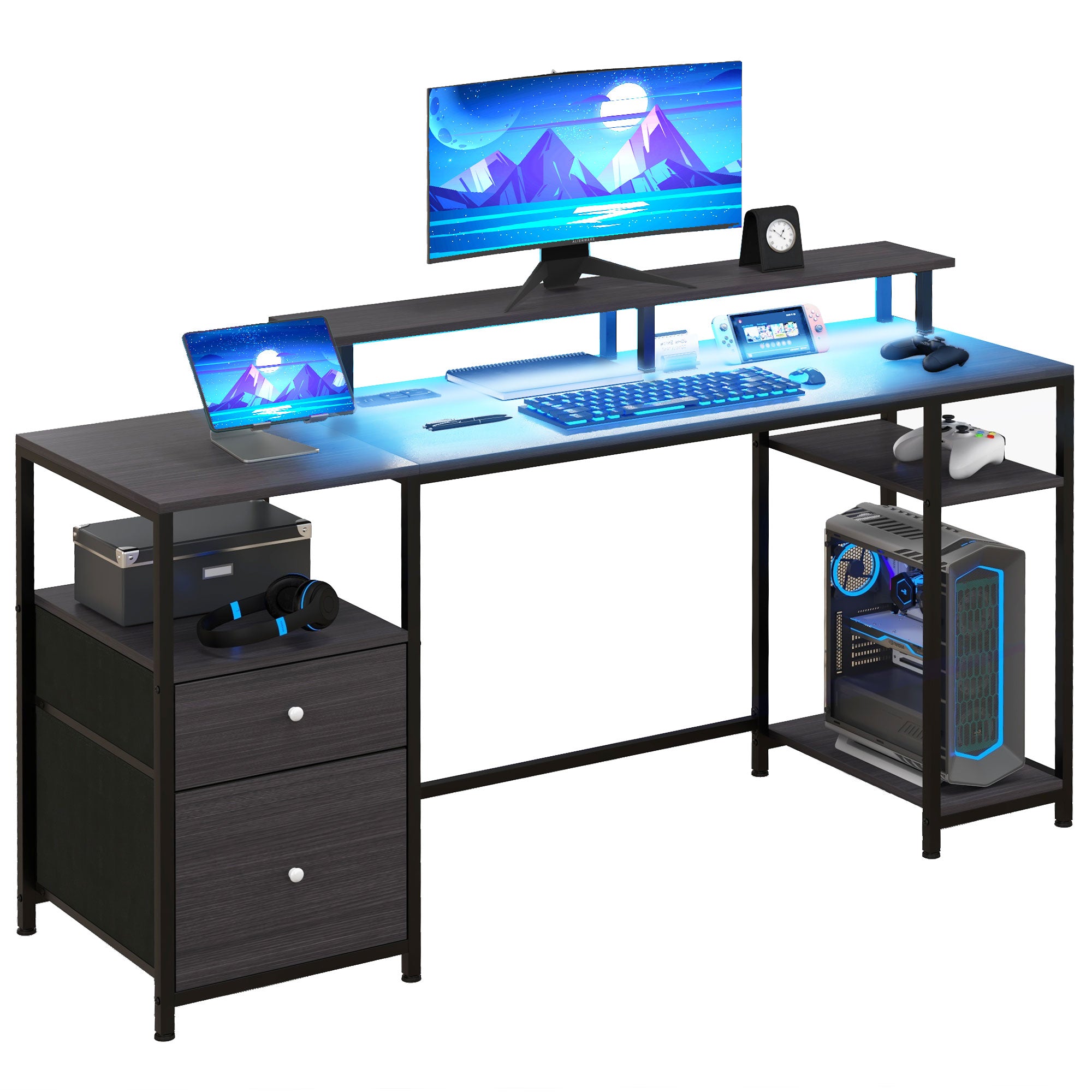 61" Computer Table with LED Lights, PC Desk with Power Outlets, USB Ports, Storage, Wireless Remote, Distressed Black