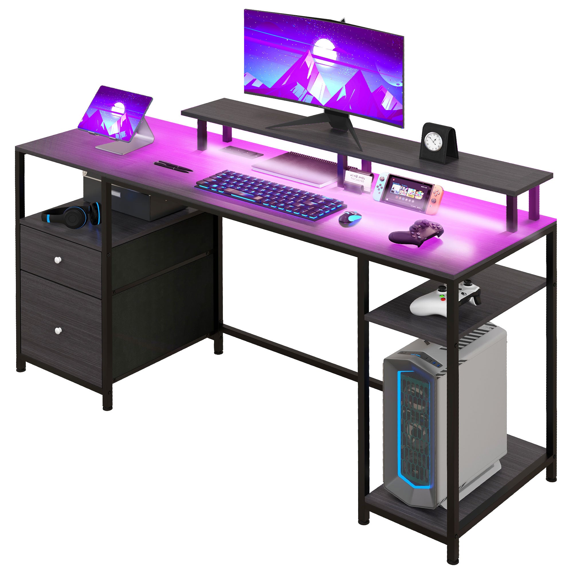 61" Computer Table with LED Lights, PC Desk with Power Outlets, USB Ports, Storage, Wireless Remote, Distressed Black