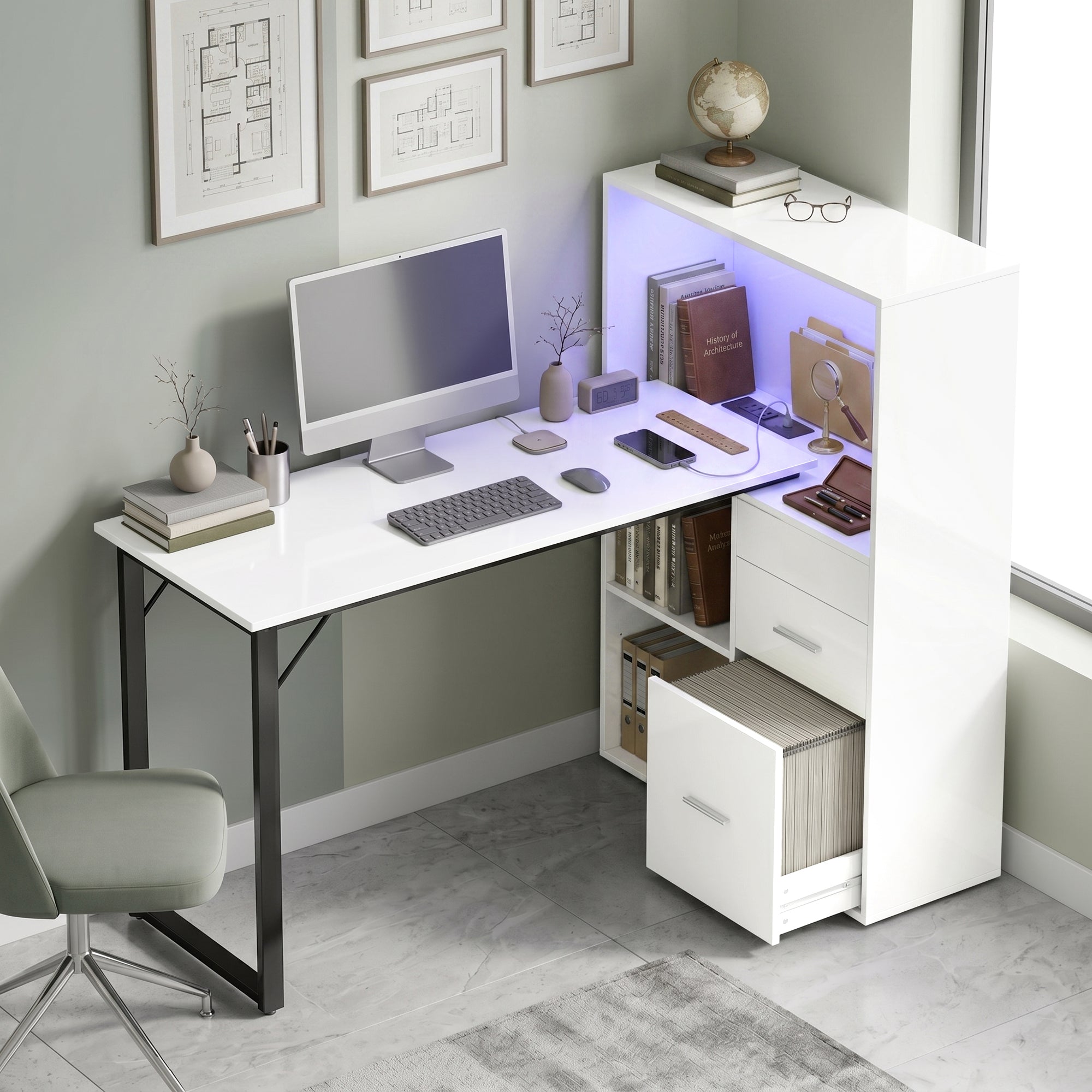 54" Computer Desk with Drawers, Home Office Desk with Power Outlets and LED Lights, Writing Table with File Drawer and Open Shelves for Bedroom, White