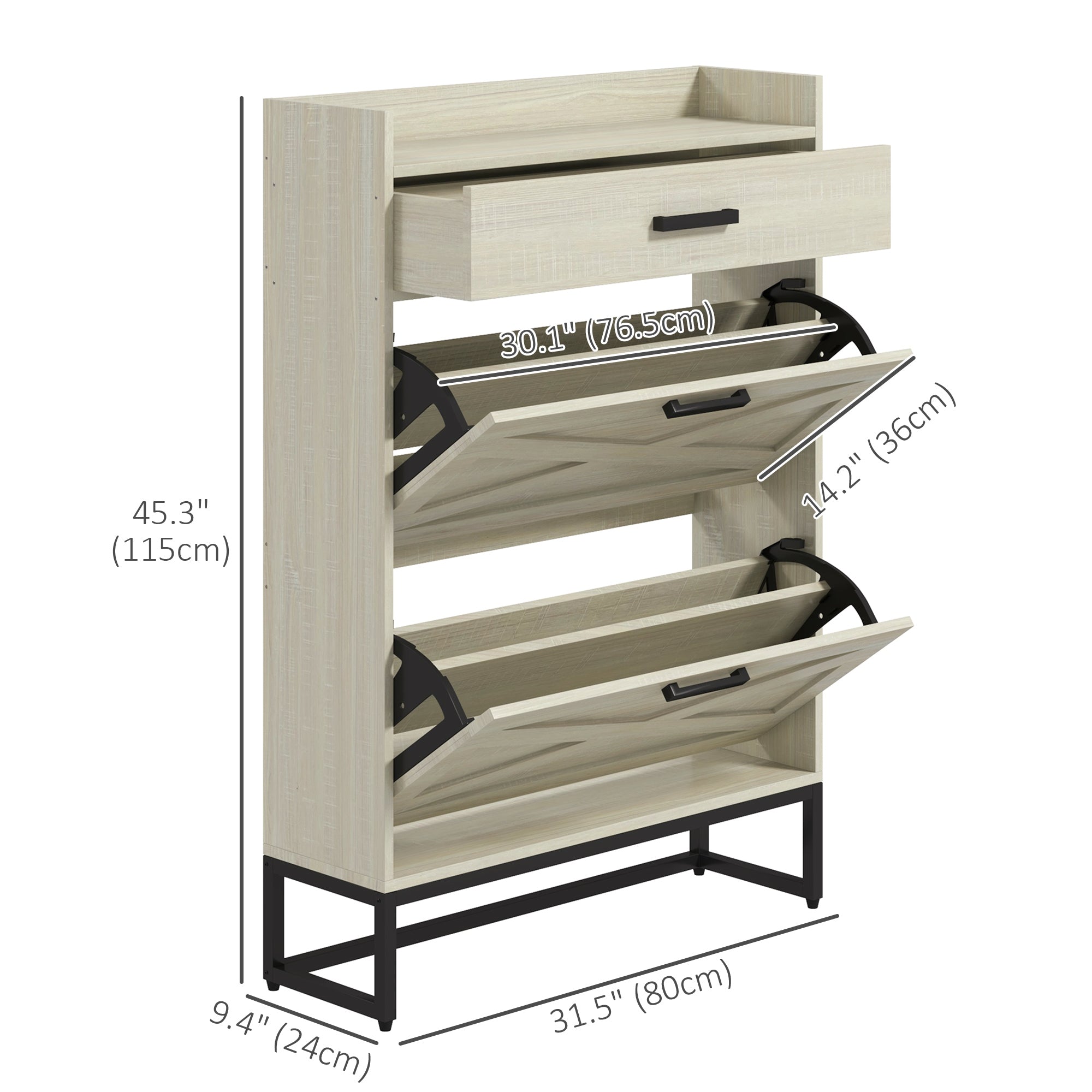 HOMCOM Narrow Shoe Cabinet, Industrial Shoe Storage Cabinet with 2 Flip Drawers, Adjustable Shelves and Top Drawer, Entryway Shoe Rack Cabinet for 12 Pairs, Distressed White